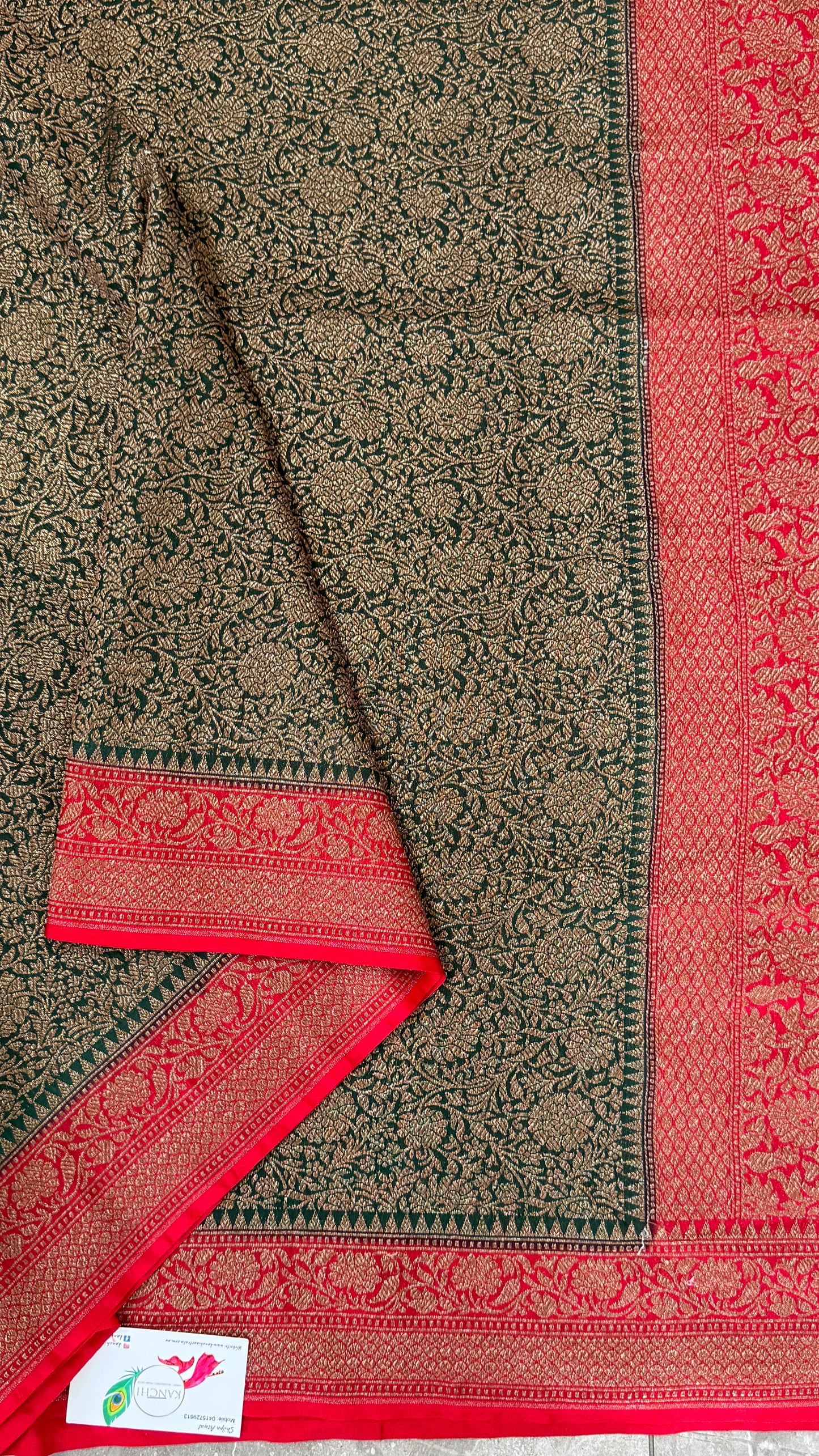 Raw Banarasi Handloom – Bottle Green with Red