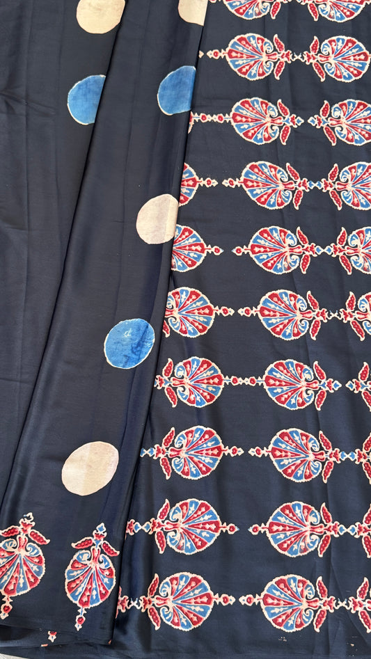 MODAL SILK SAREE WITH DIGITAL AJRAKH PRINTS - BLACK