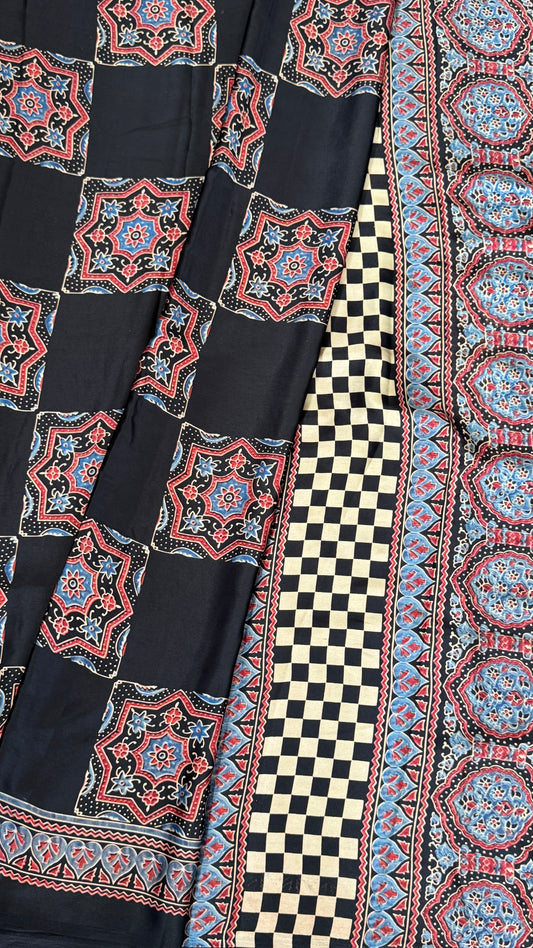 MODAL SILK SAREE WITH DIGITAL AJRAKH PRINTS - BLACK