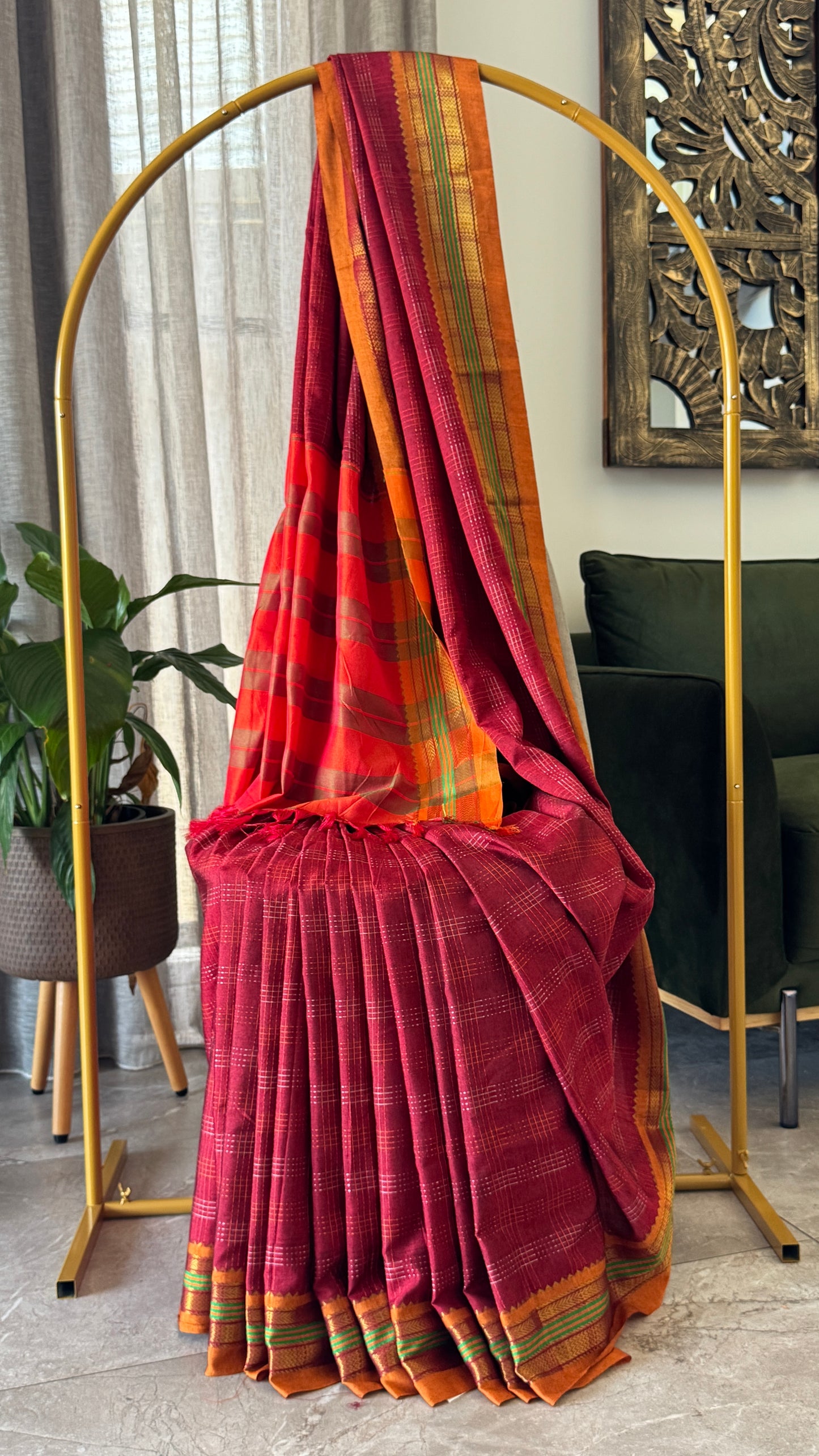 Traditional Ilkal Saree – Maroon with Mustard Border & Pallu