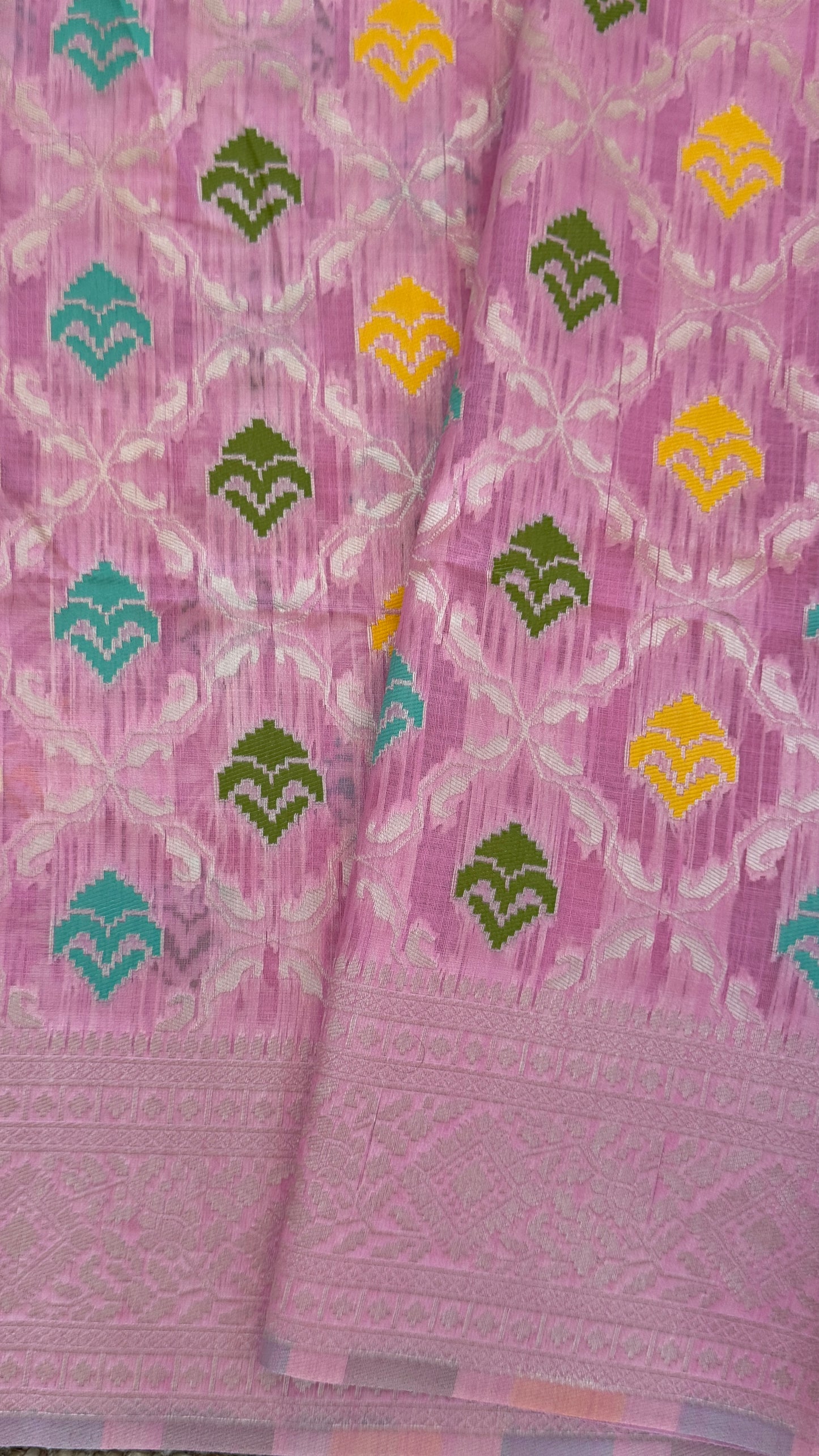 Cotton Silk Saree β Baby Pink with Meenakari Detailing and Gold Zari border