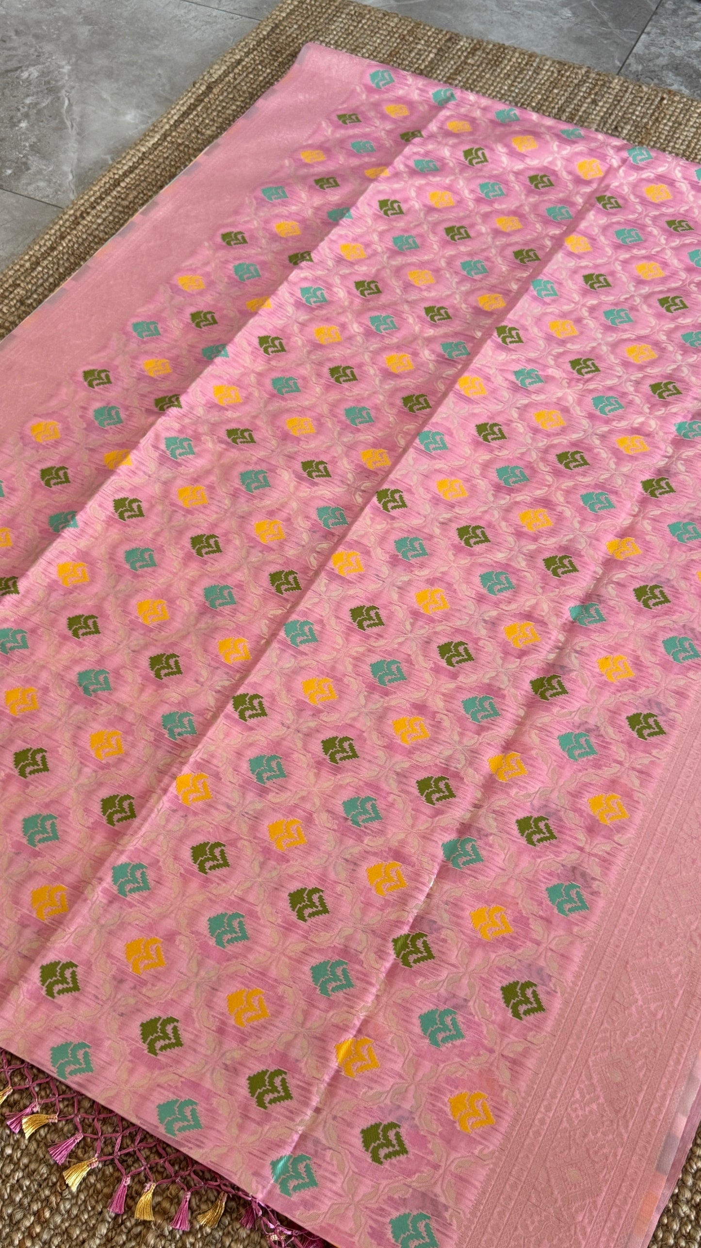 Cotton Silk Saree β Baby Pink with Meenakari Detailing and Gold Zari border