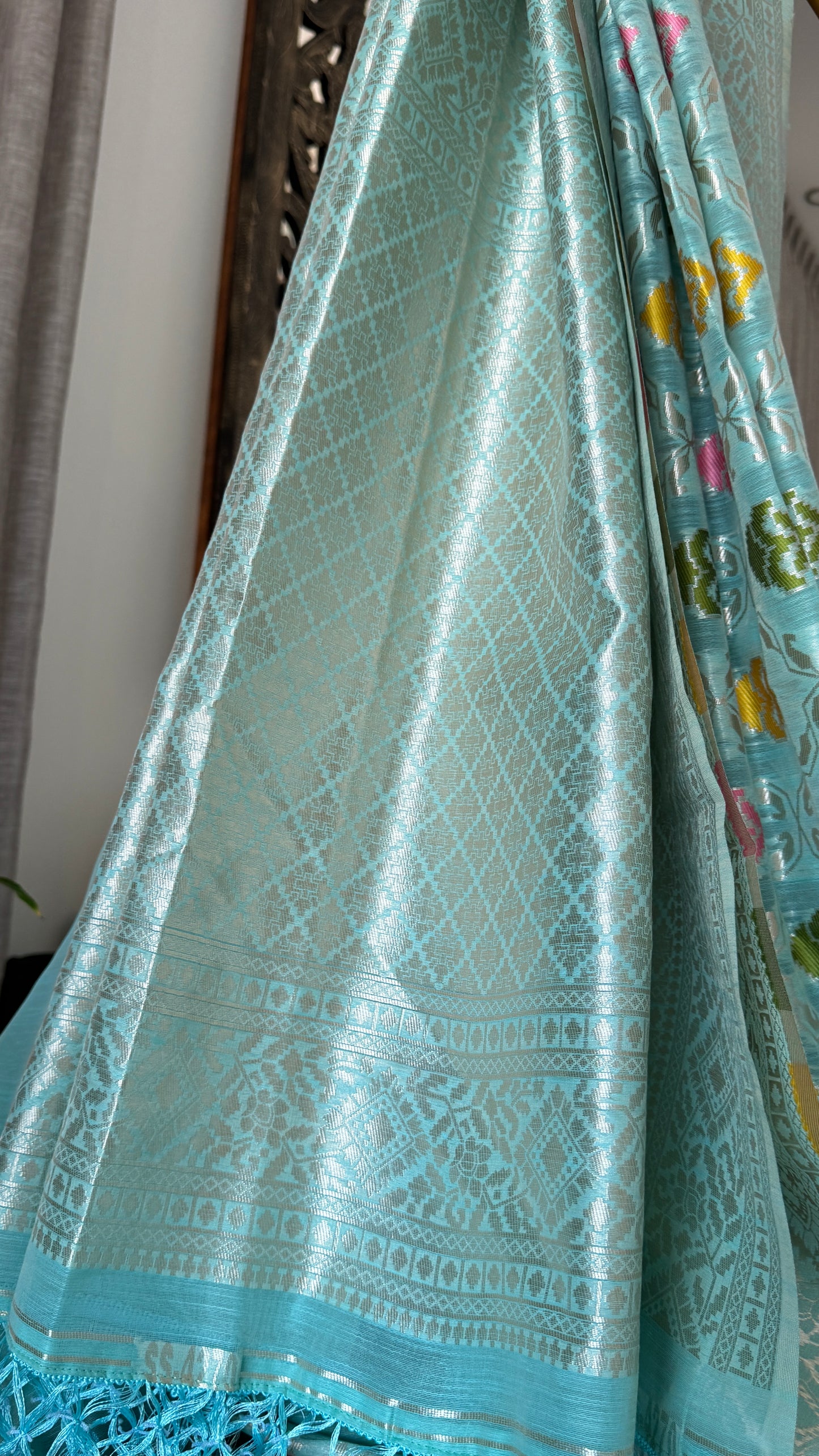 Cotton Silk Saree β Baby Blue with Meenakari Detailing and Gold Zari border