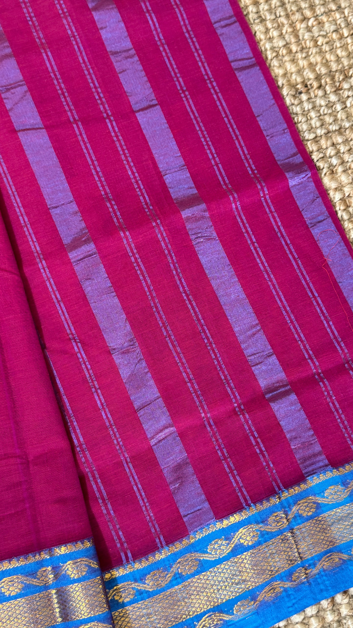 Nine-Yard Chettinad Cotton Sarees - Pink with blue border