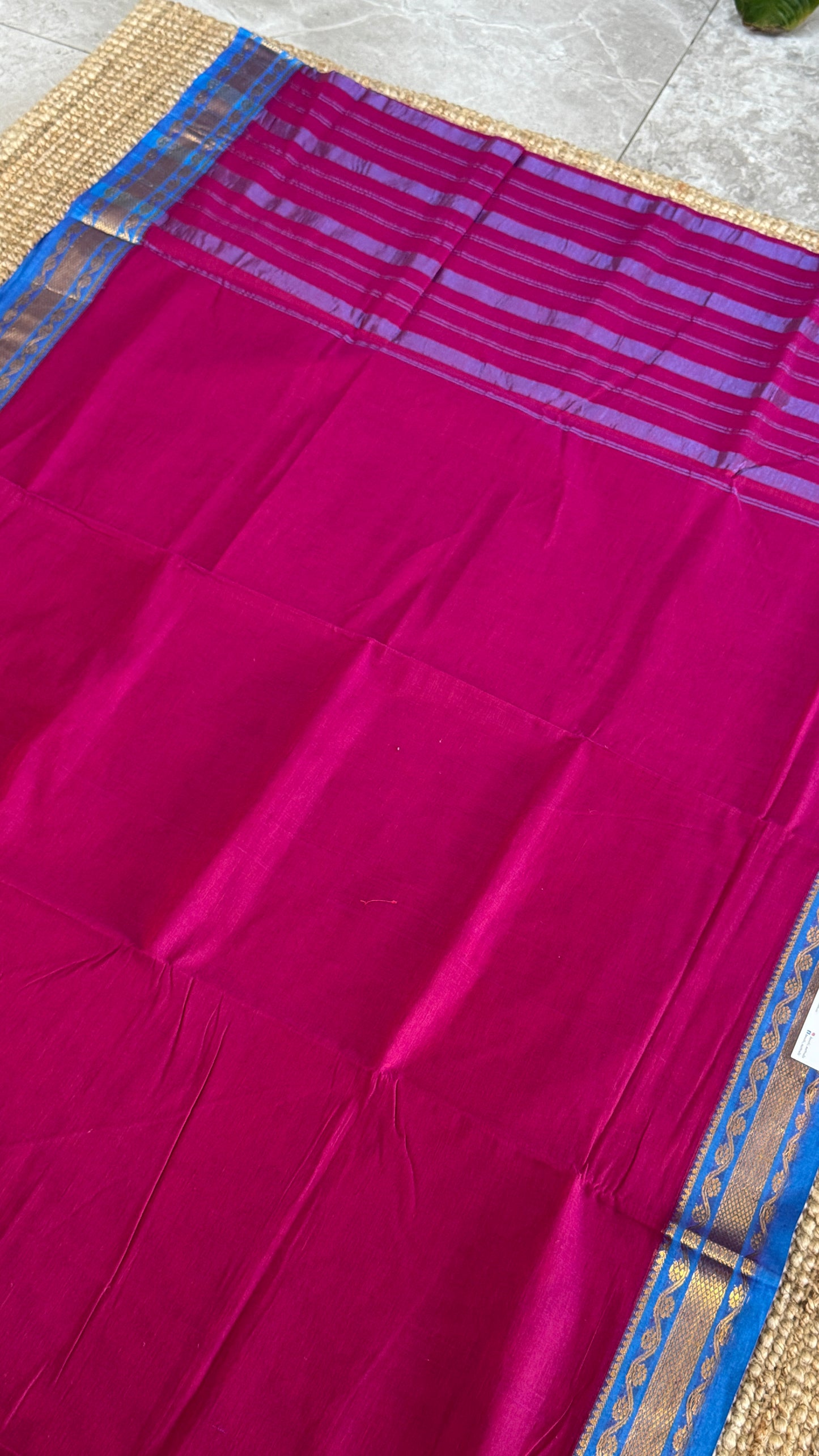 Nine-Yard Chettinad Cotton Sarees - Pink with blue border
