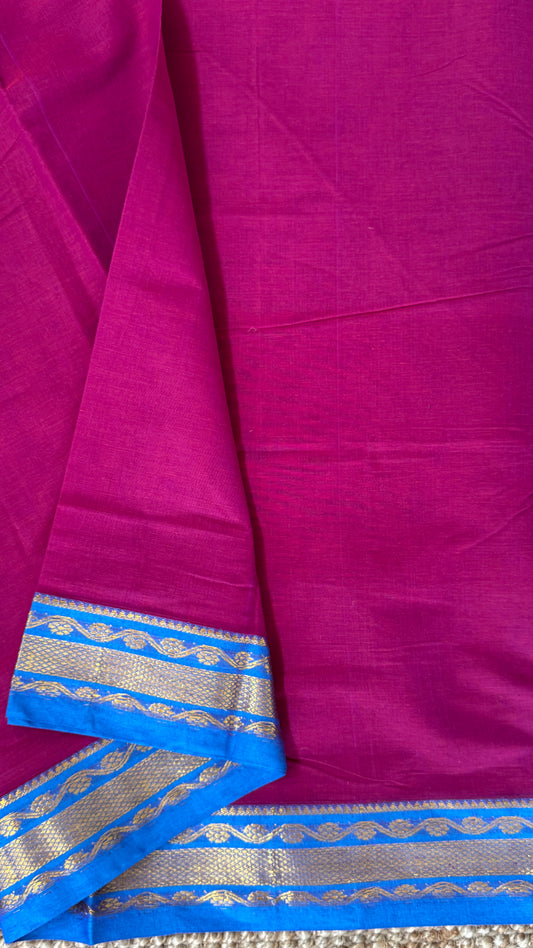 Nine-Yard Chettinad Cotton Sarees - Pink with blue border