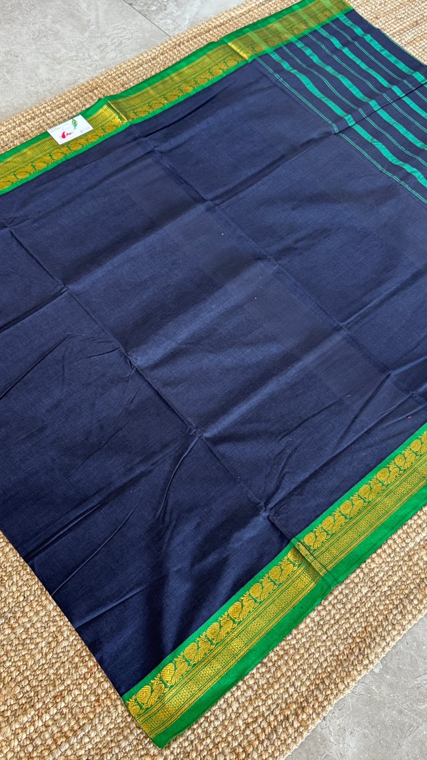 Nine-Yard Chettinad Cotton Sarees - Blue with Green border