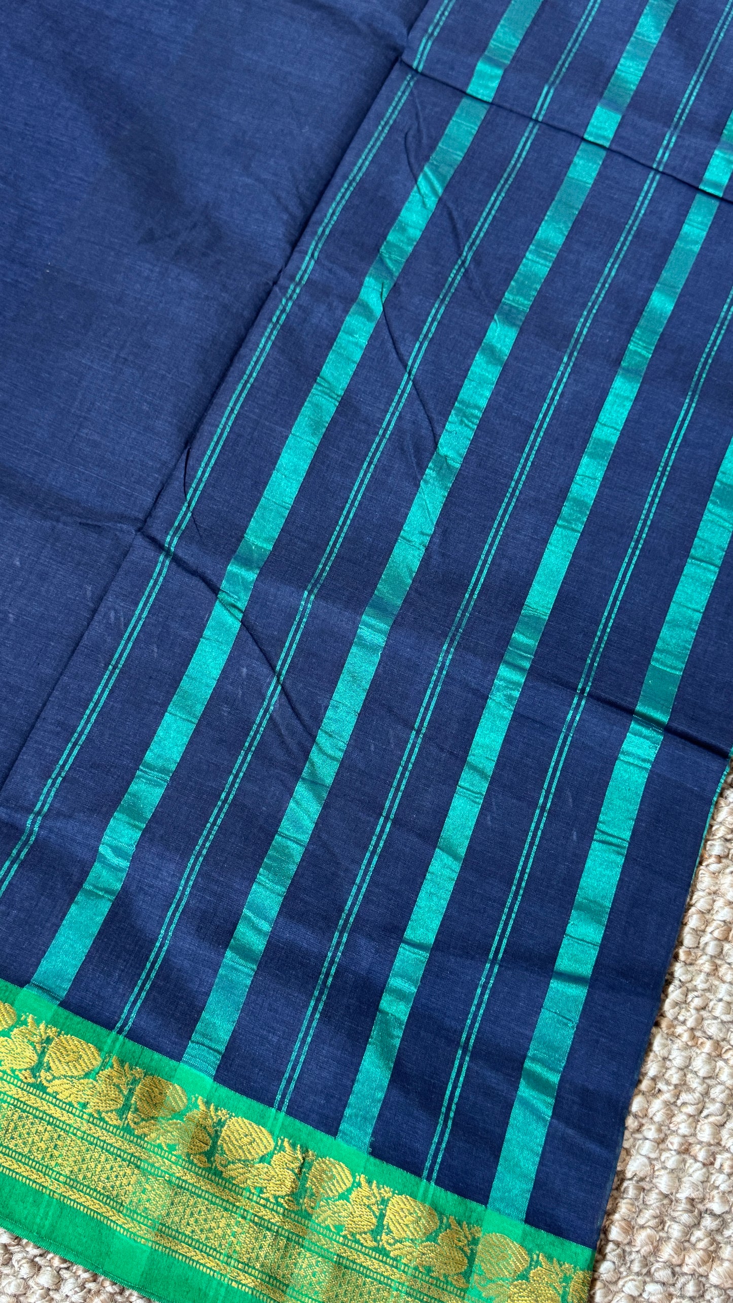 Nine-Yard Chettinad Cotton Sarees - Blue with Green border