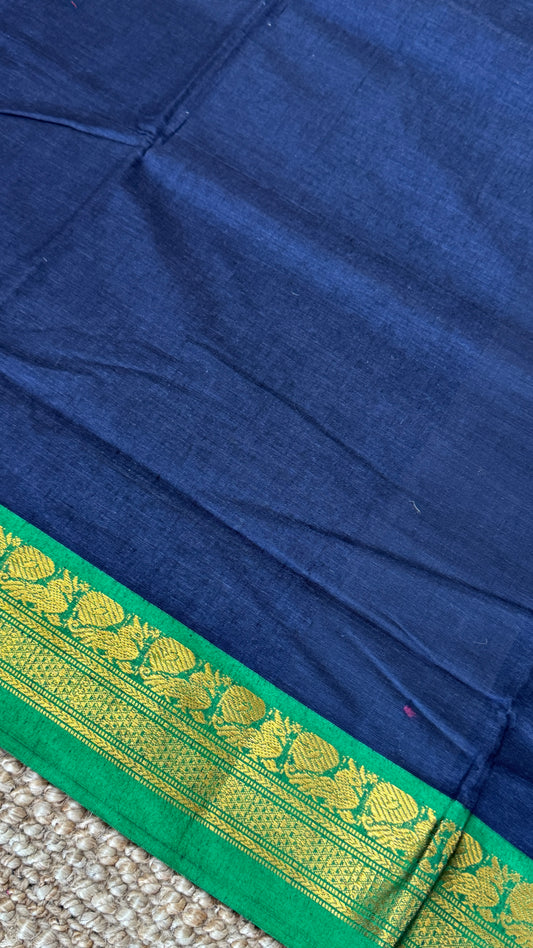 Nine-Yard Chettinad Cotton Sarees - Blue with Green border