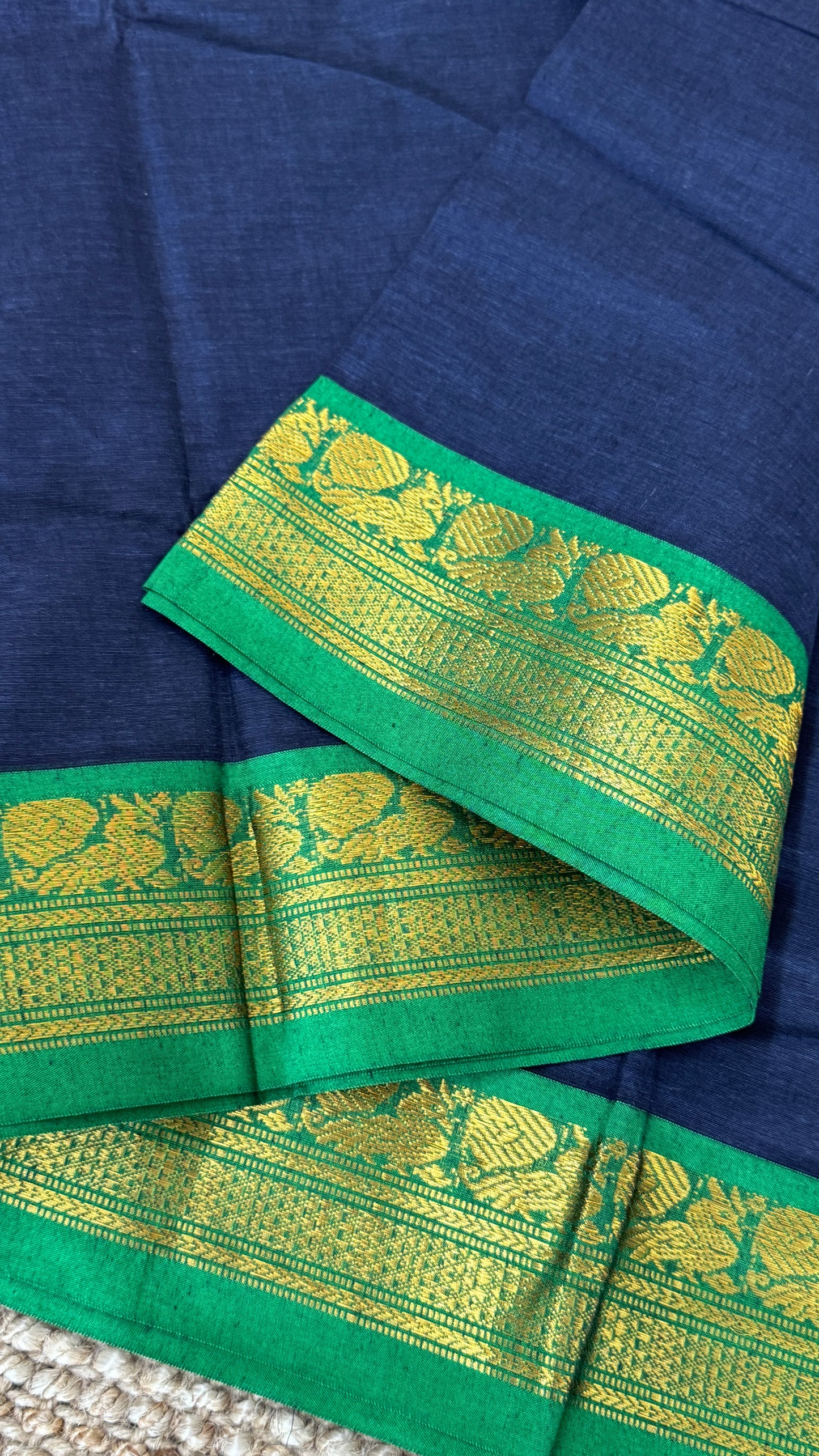 Nine-Yard Chettinad Cotton Sarees - Blue with Green border