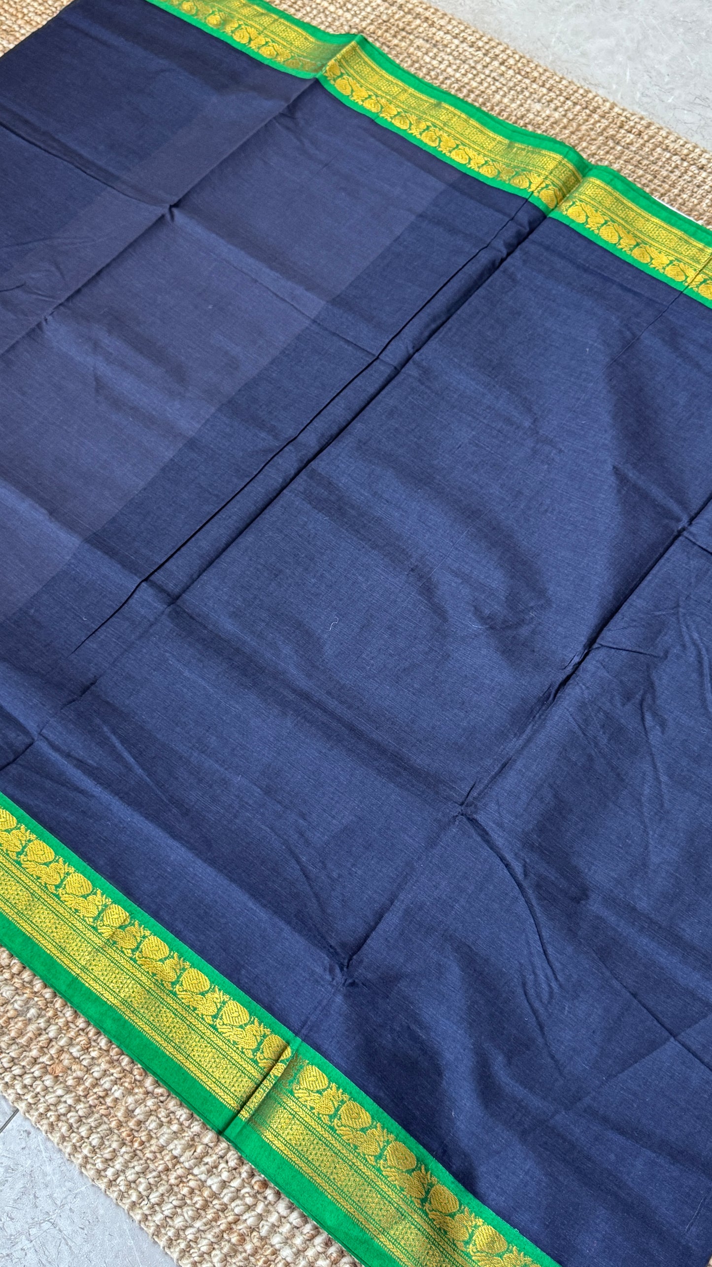 Nine-Yard Chettinad Cotton Sarees - Blue with Green border
