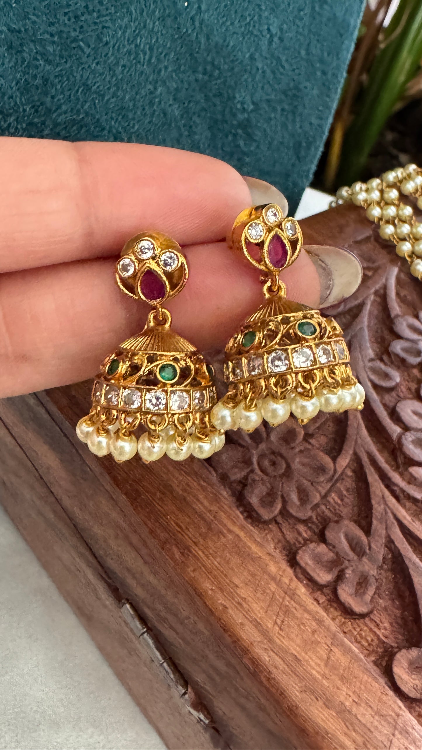 Pearl Temple Jewellery Set – Long Haar with Ruby & Emerald Pendant and Small Jhumkas