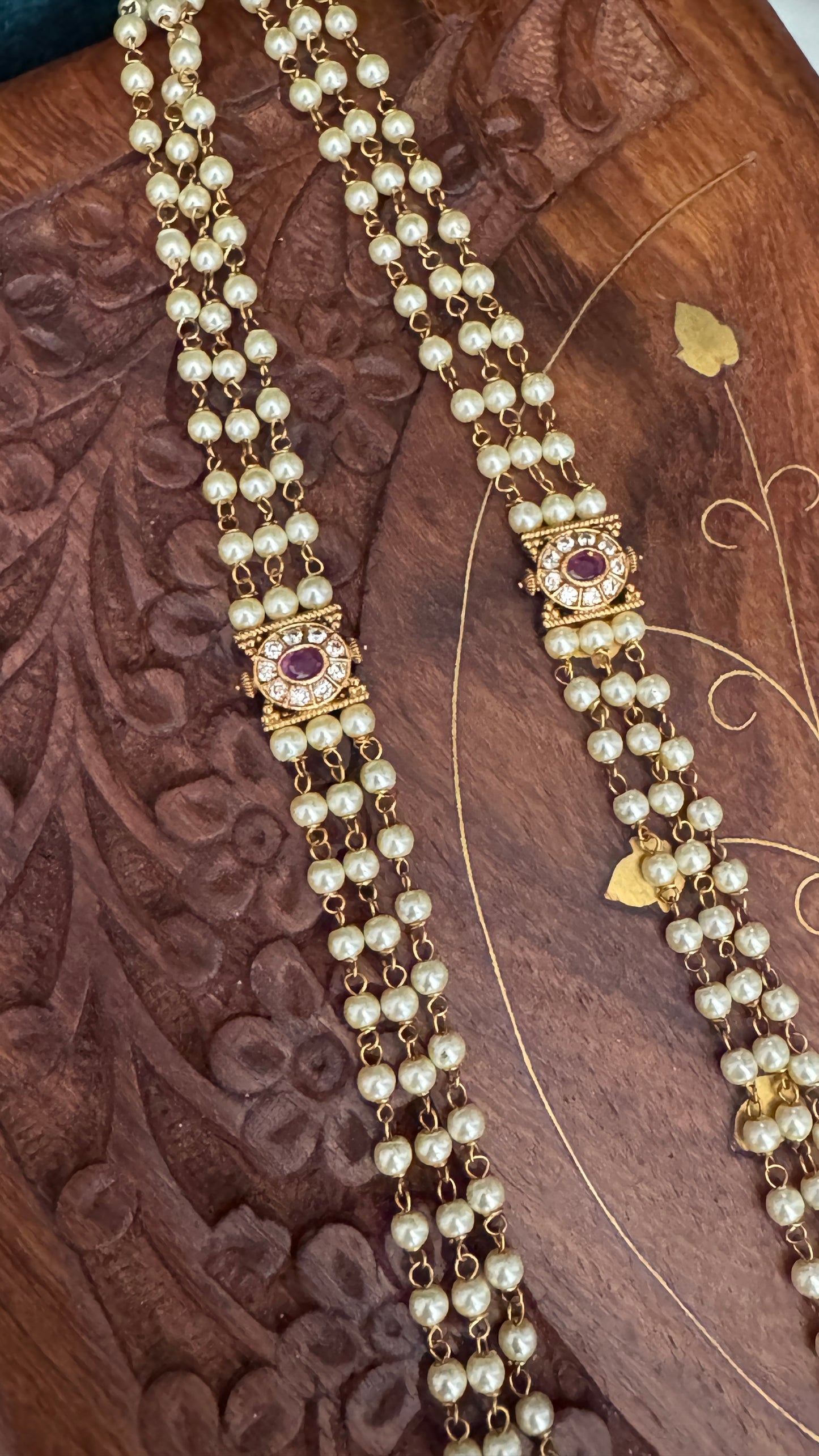 Pearl Temple Jewellery Set – Long Haar with Ruby & Emerald Pendant and Small Jhumkas