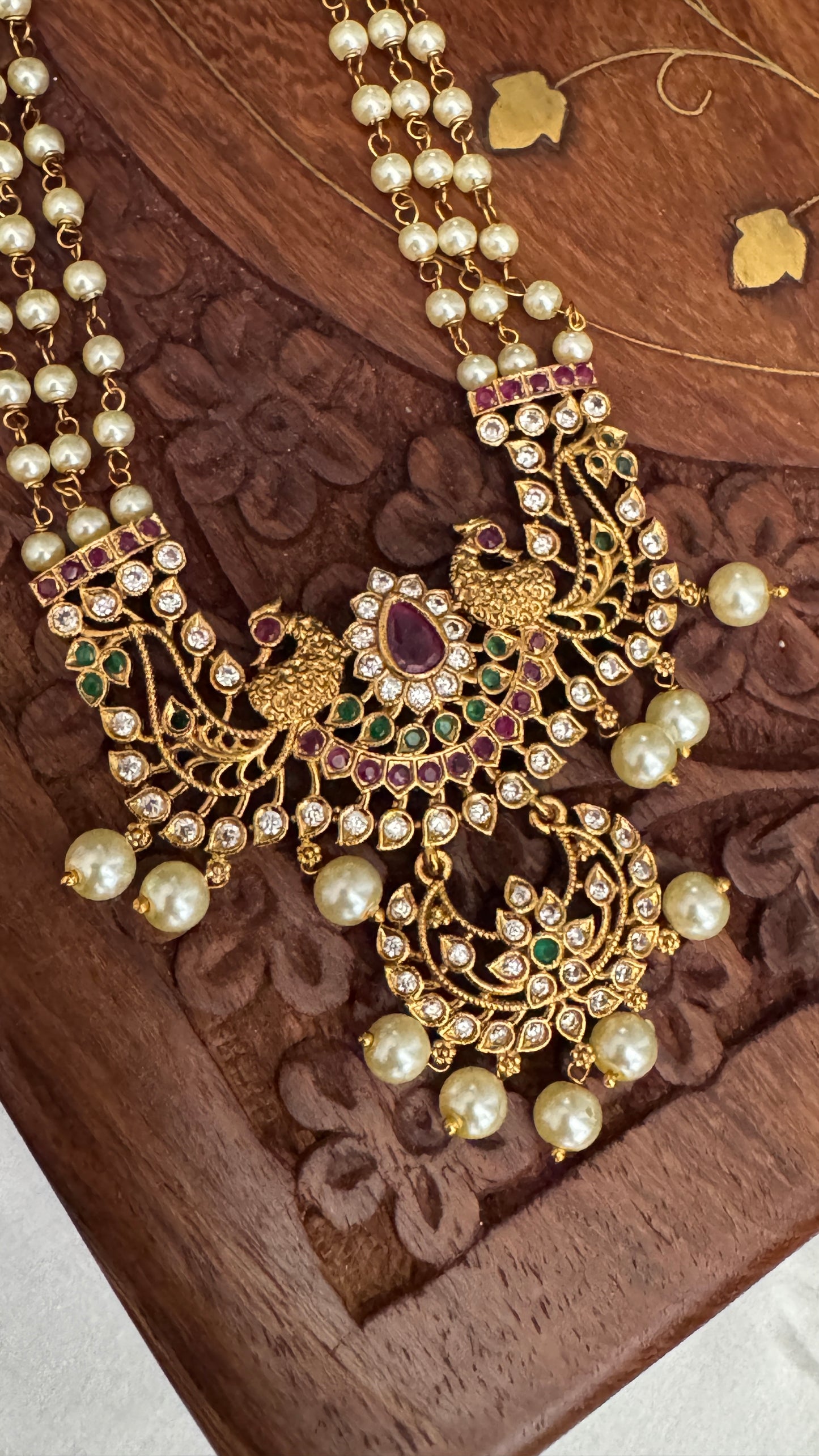 Pearl Temple Jewellery Set – Long Haar with Ruby & Emerald Pendant and Small Jhumkas