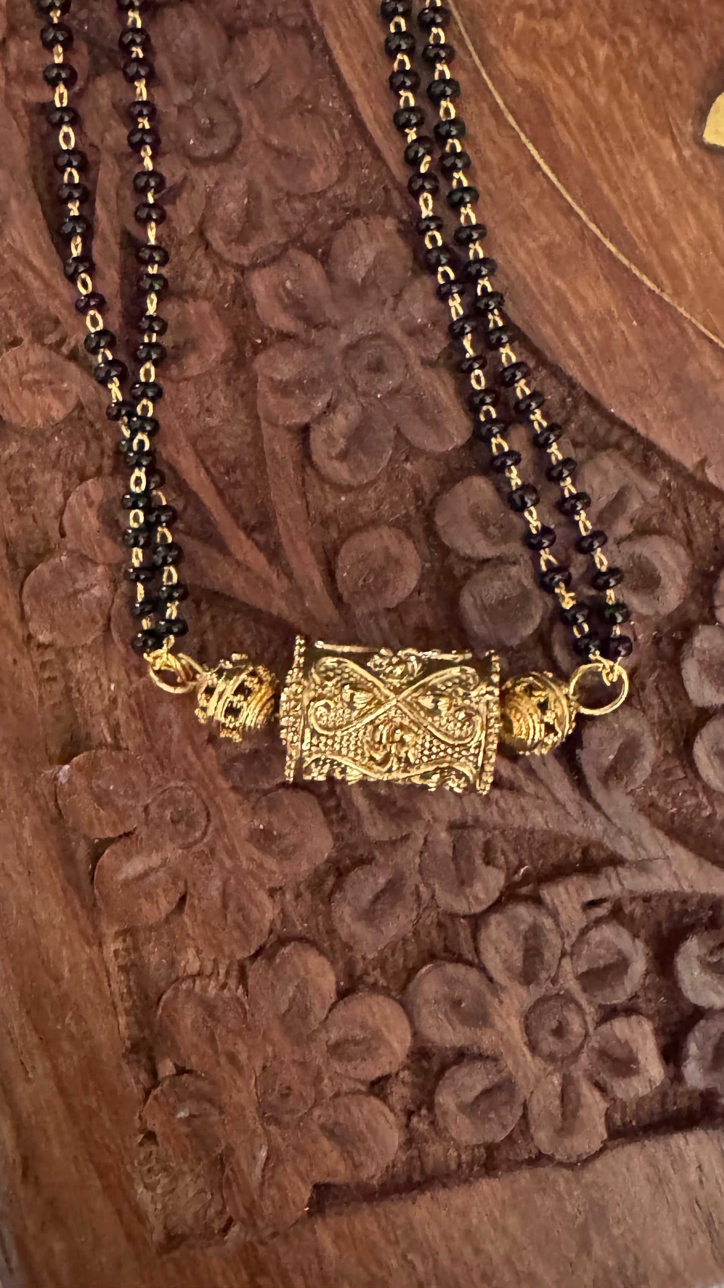 Long Mangalsutra with Gold-Coated Pendant – Traditional Black Bead Necklace