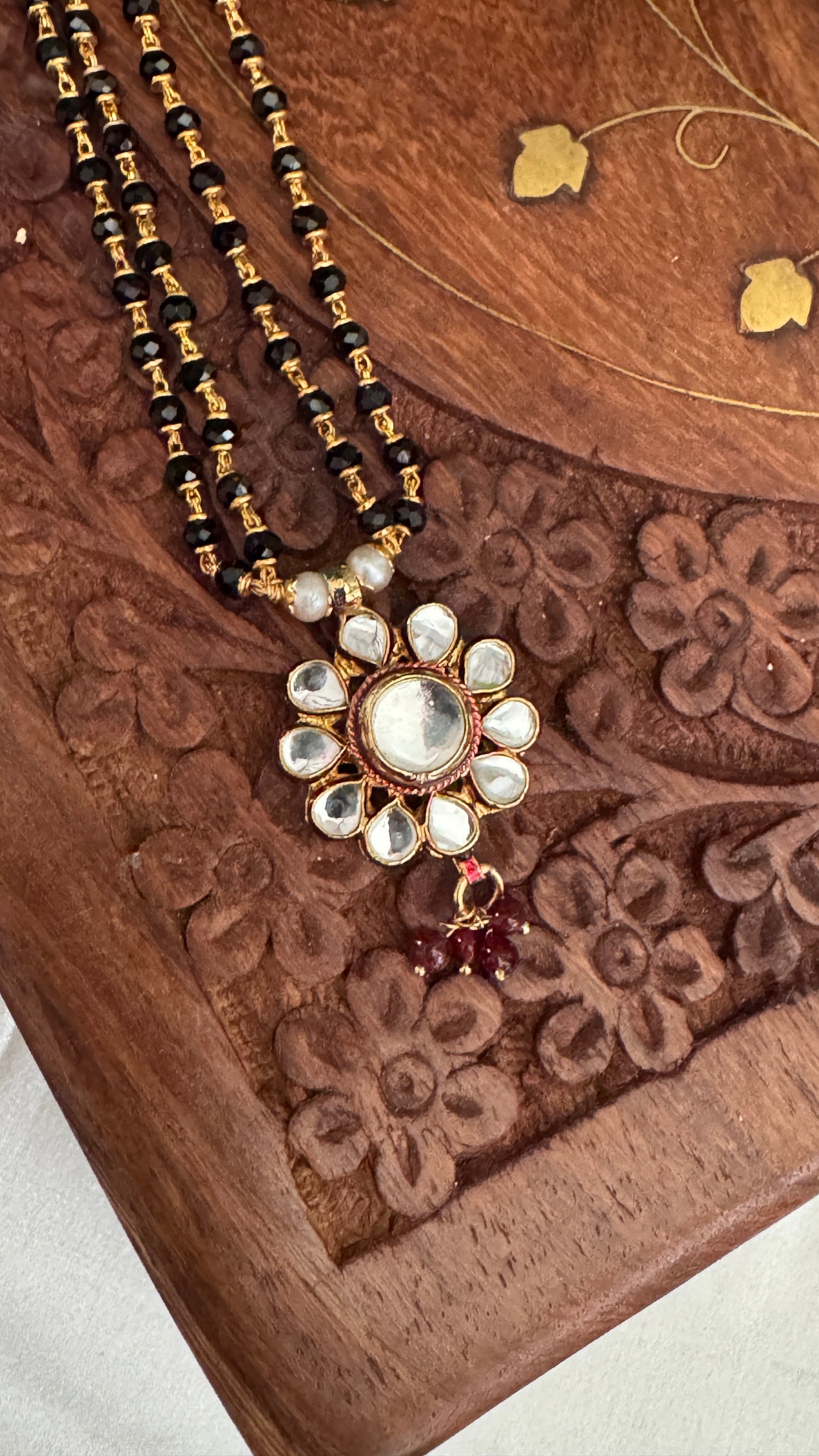 Long Mangalsutra with Kundan Pendant – Traditional Black Bead Necklace