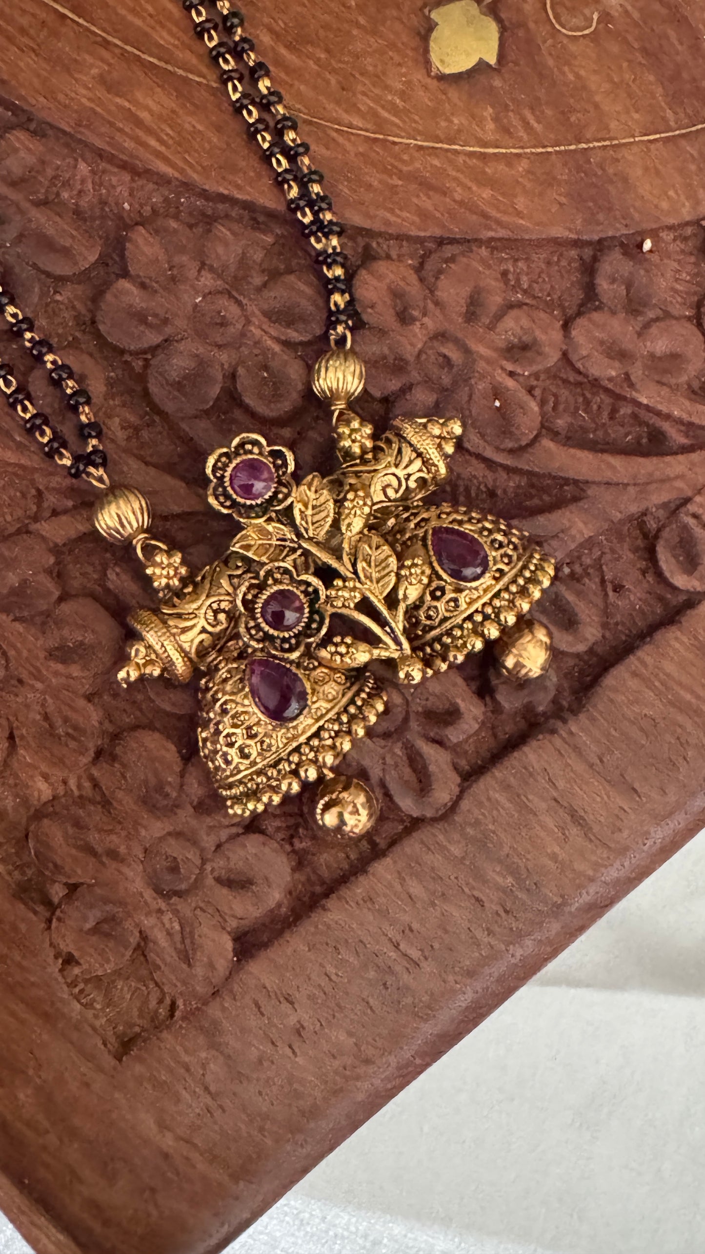Long Mangalsutra with Gold Pendant – Traditional Black Bead Necklace