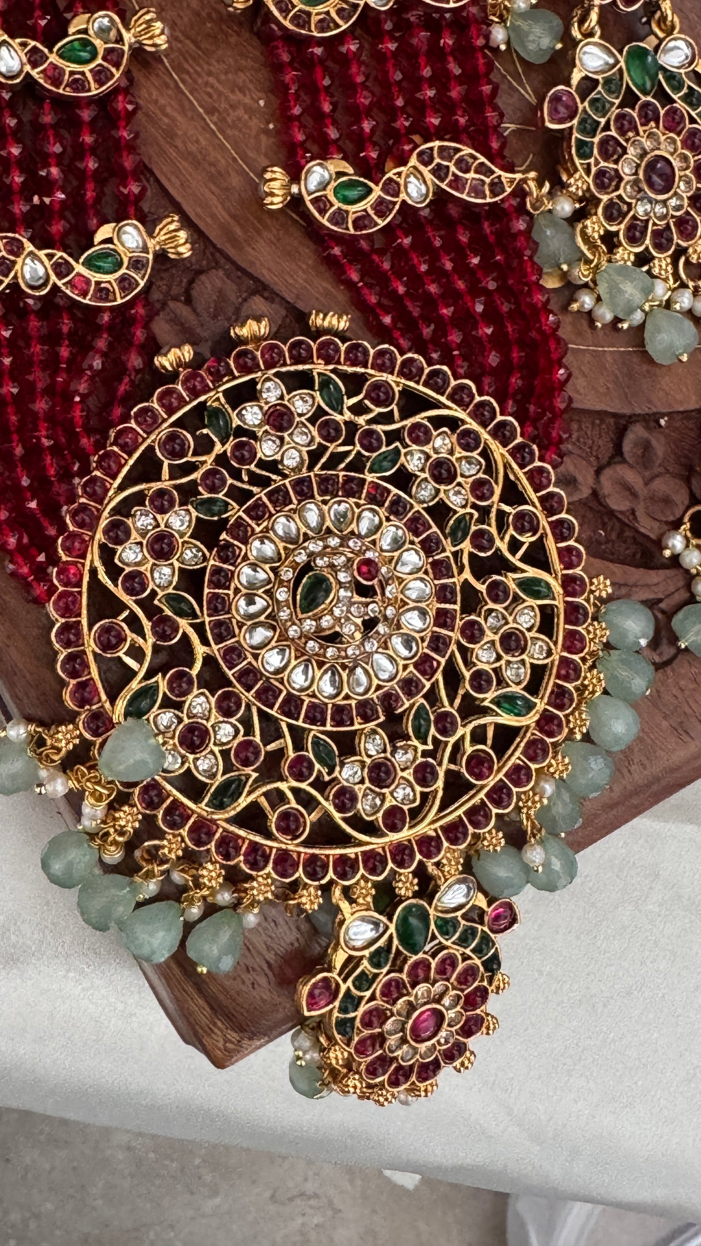 14 inch Long Haar Red Beaded Temple Jewellery Set