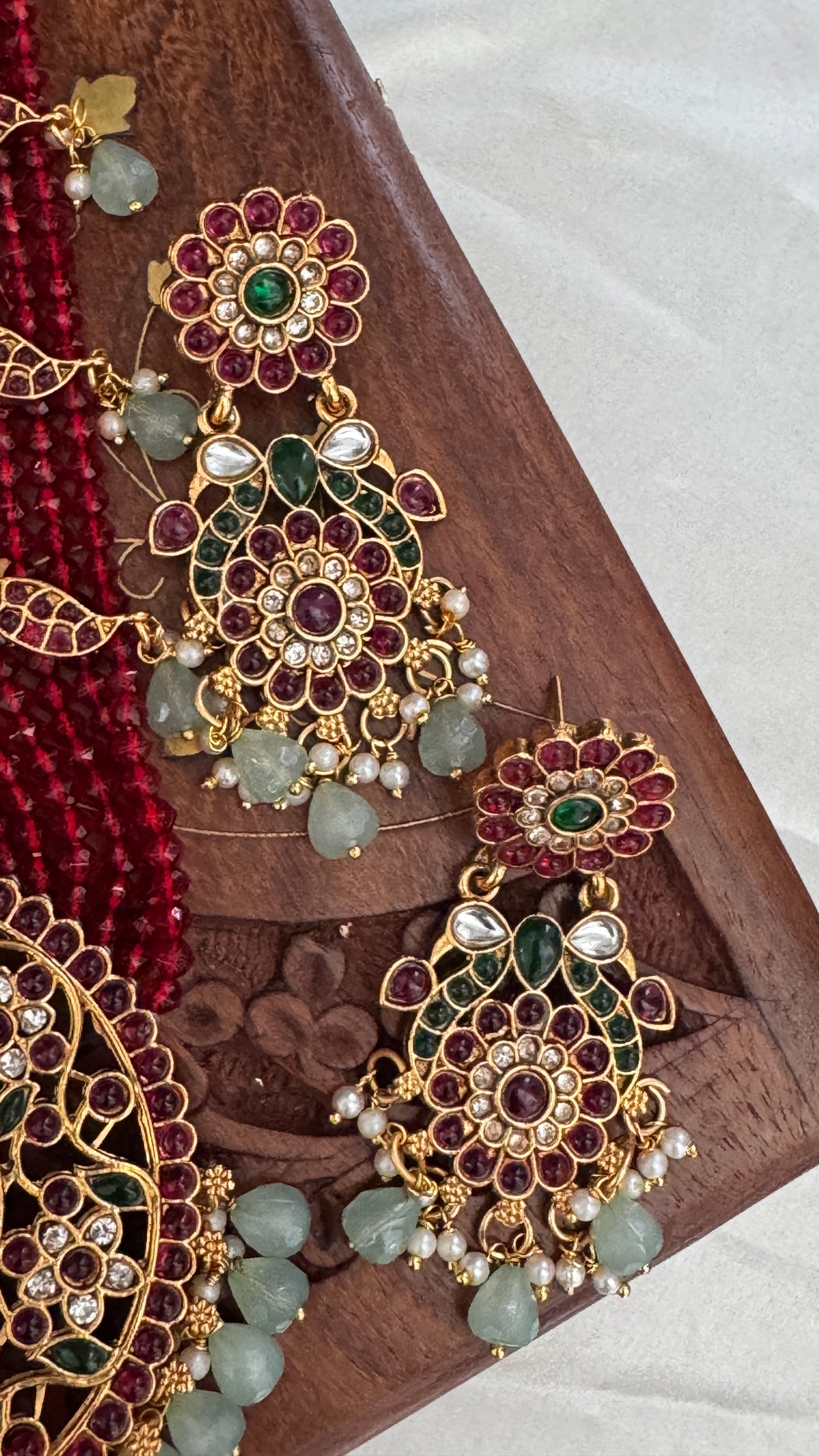 14 inch Long Haar Red Beaded Temple Jewellery Set