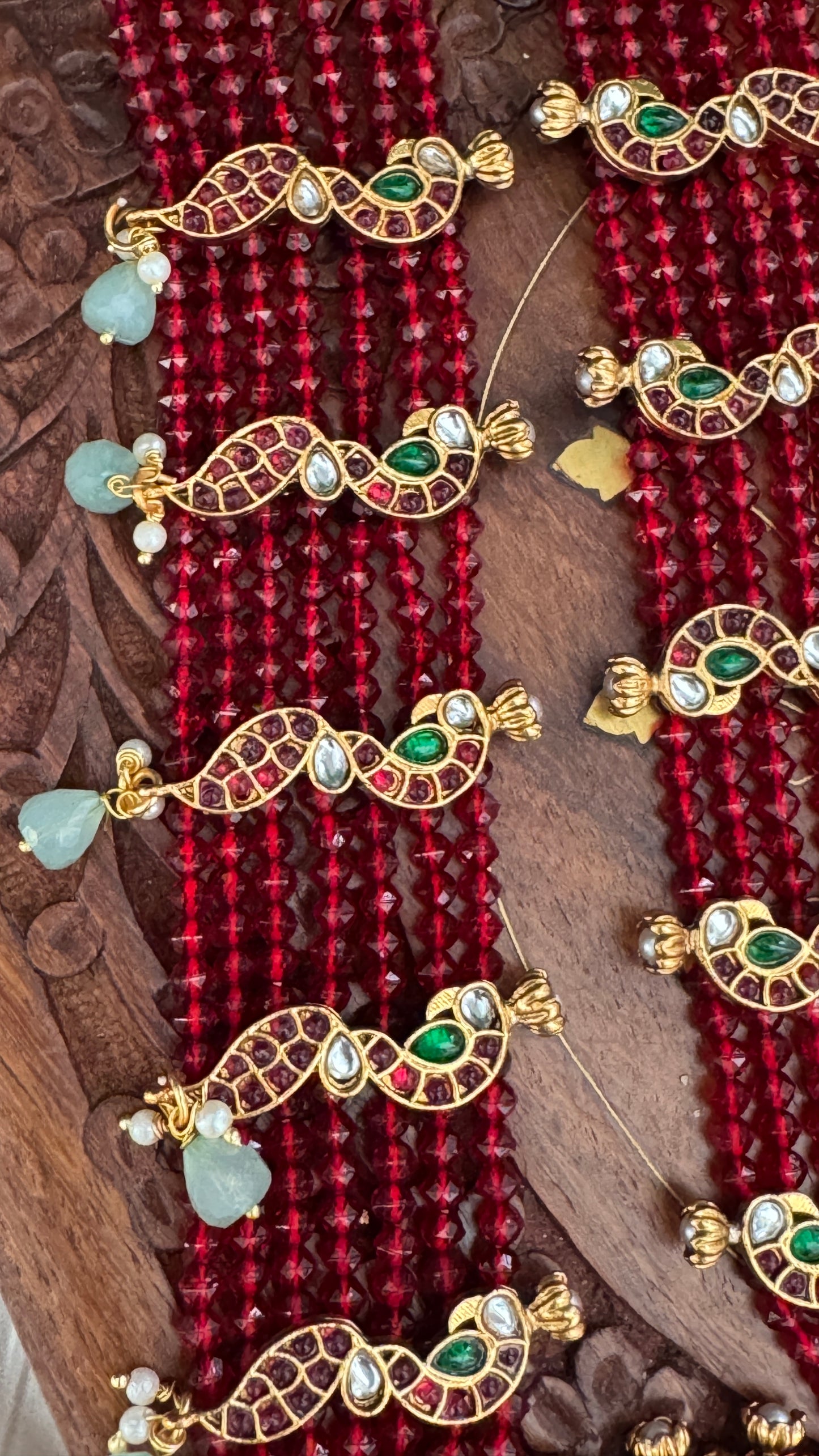 14 inch Long Haar Red Beaded Temple Jewellery Set