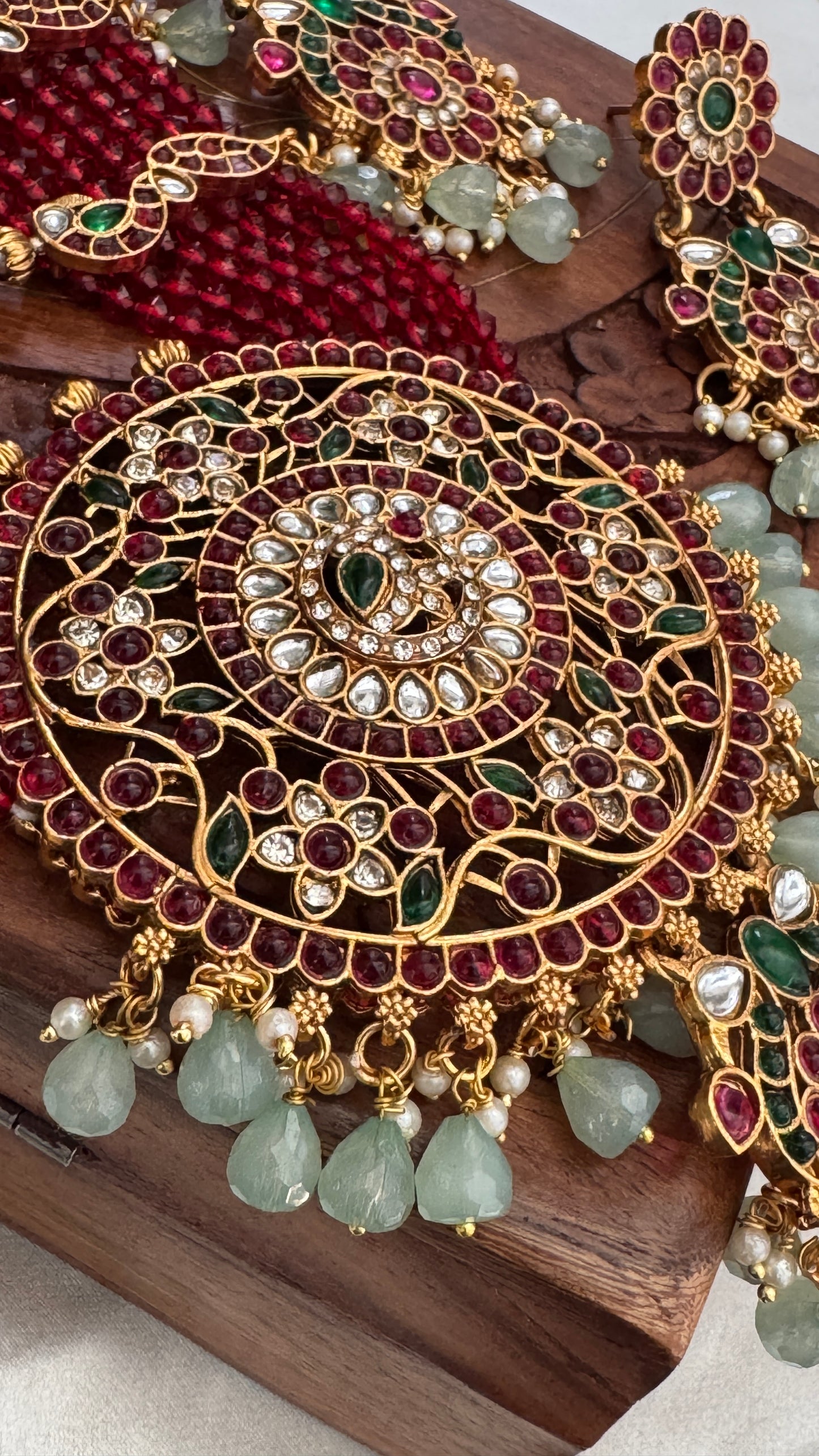 14 inch Long Haar Red Beaded Temple Jewellery Set