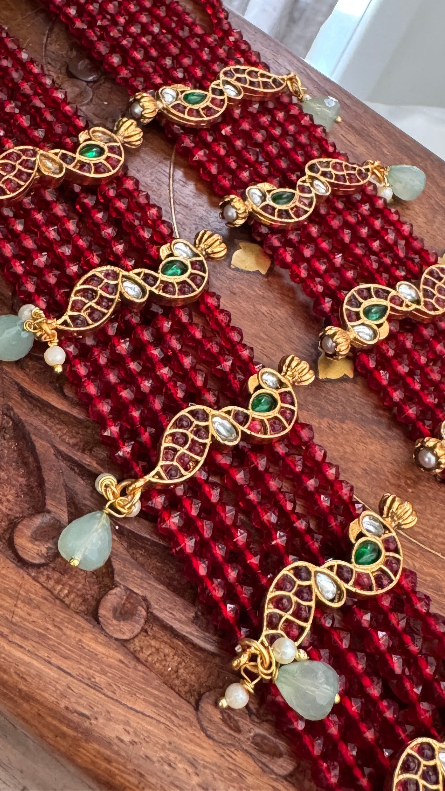 14 inch Long Haar Red Beaded Temple Jewellery Set