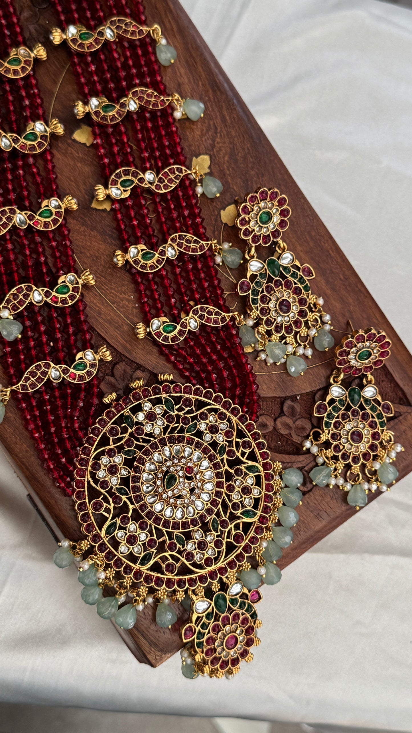 14 inch Long Haar Red Beaded Temple Jewellery Set