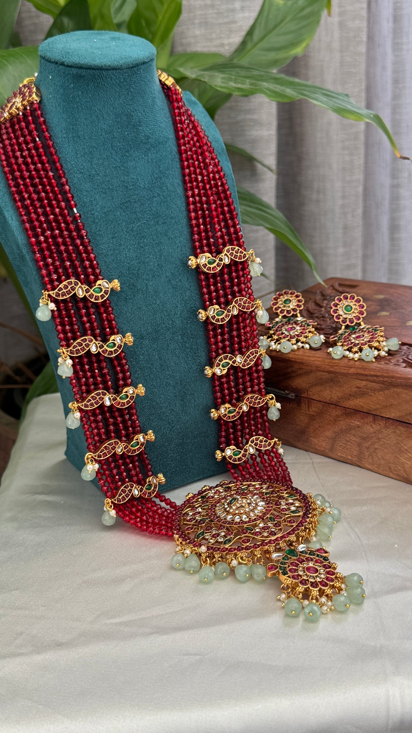 14 inch Long Haar Red Beaded Temple Jewellery Set