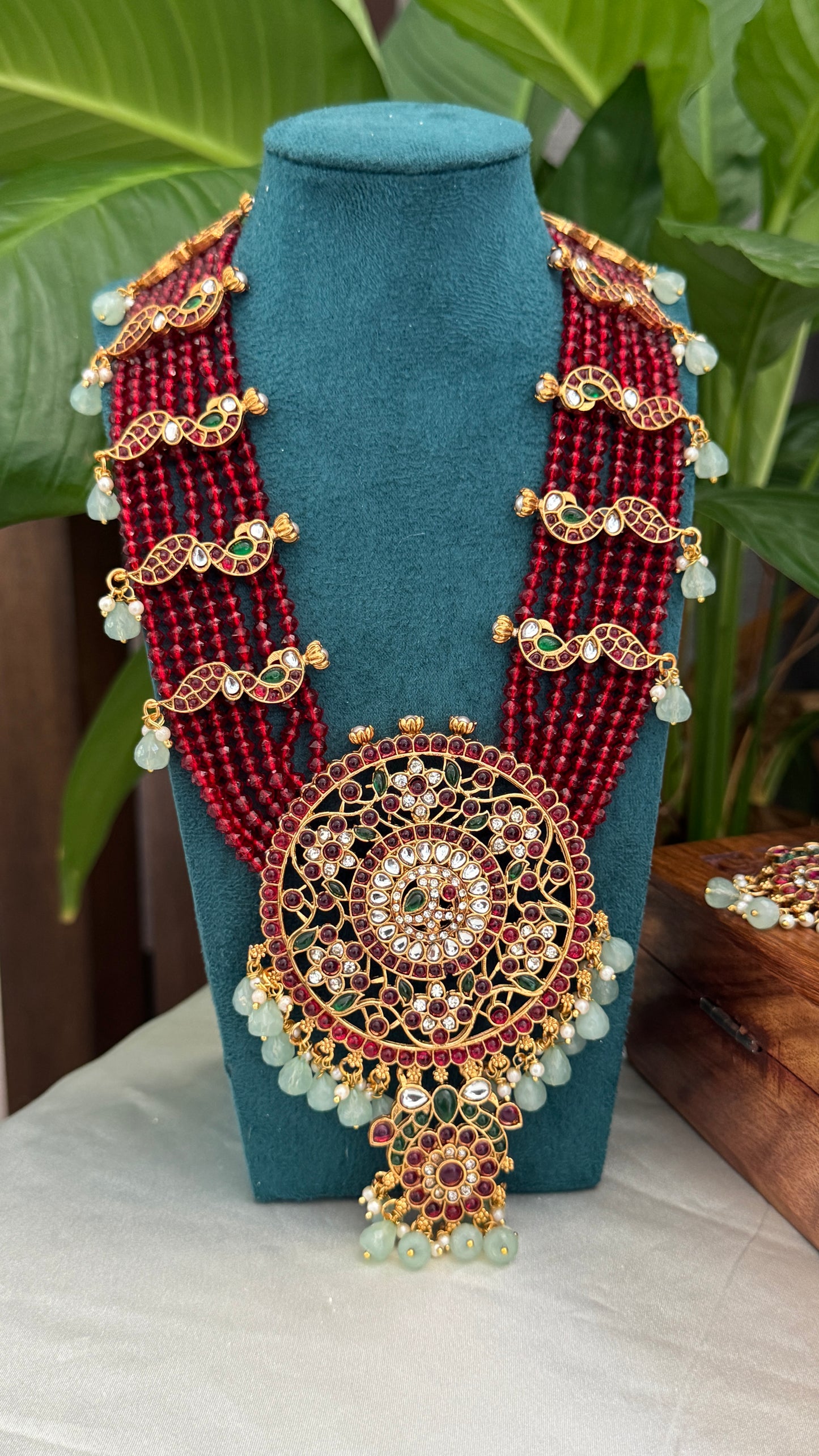 14 inch Long Haar Red Beaded Temple Jewellery Set
