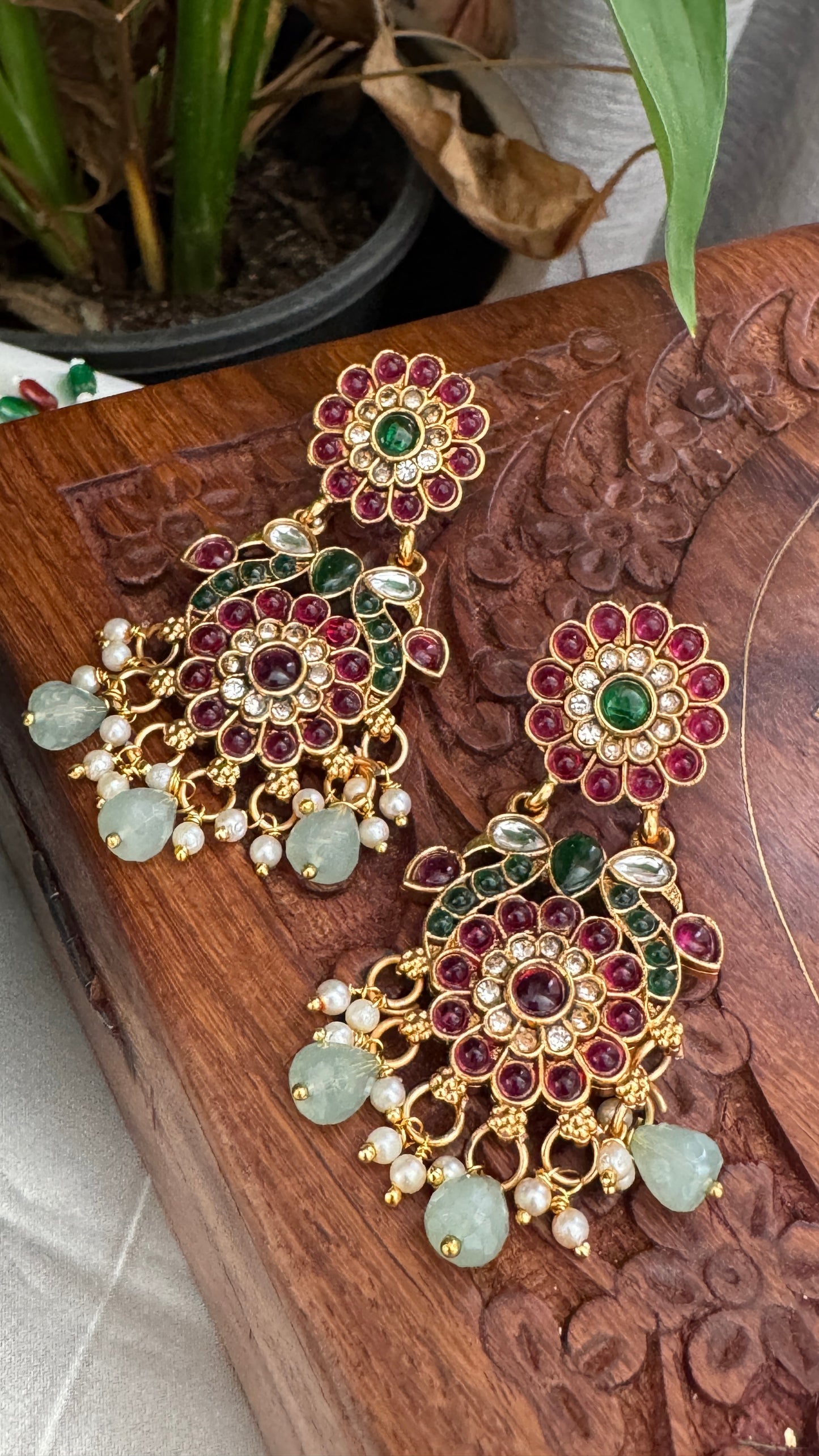 14 inch Long Haar Red Beaded Temple Jewellery Set
