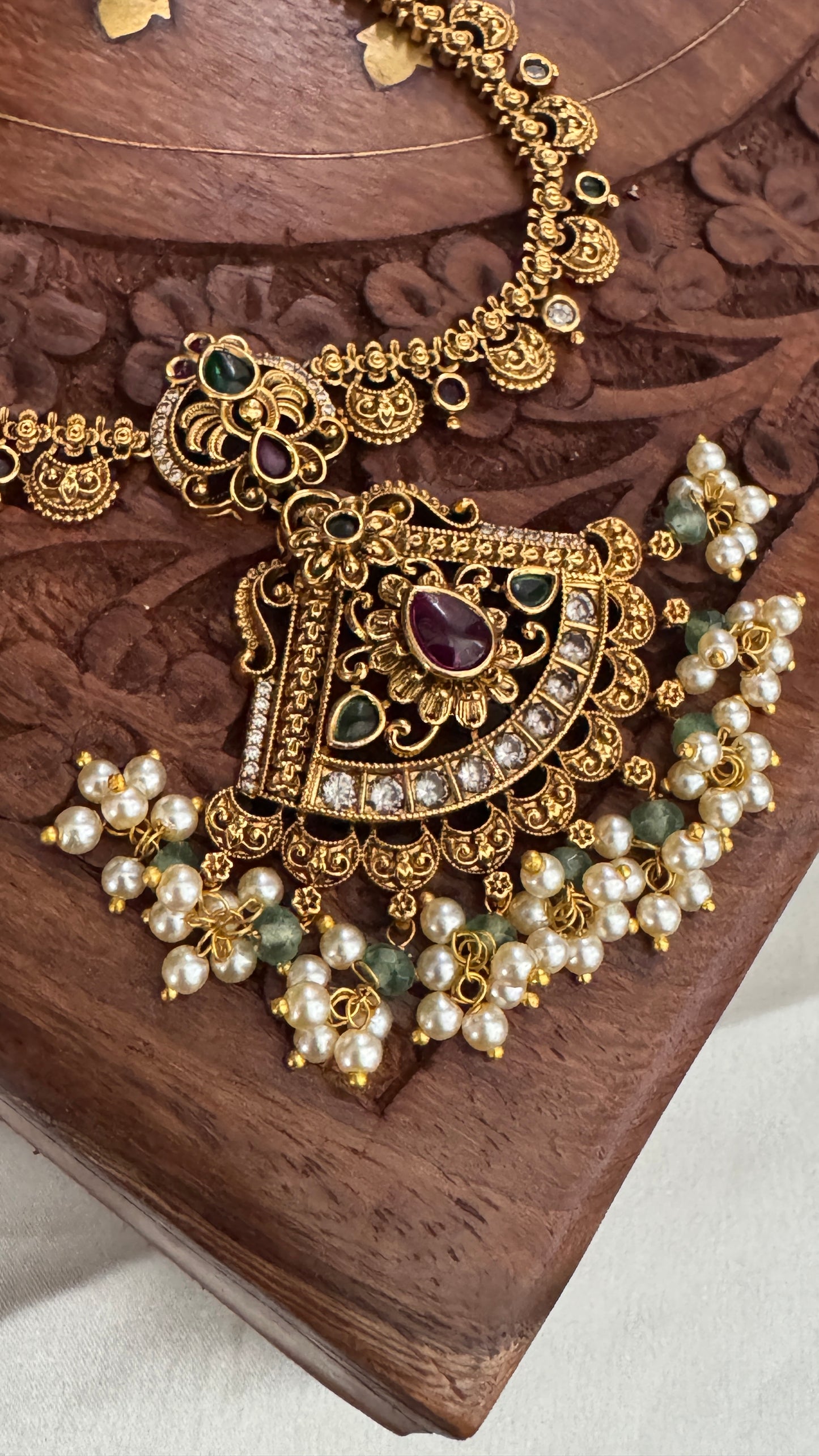 Unique Long Temple Haar Jewellery Set with Jhumkas