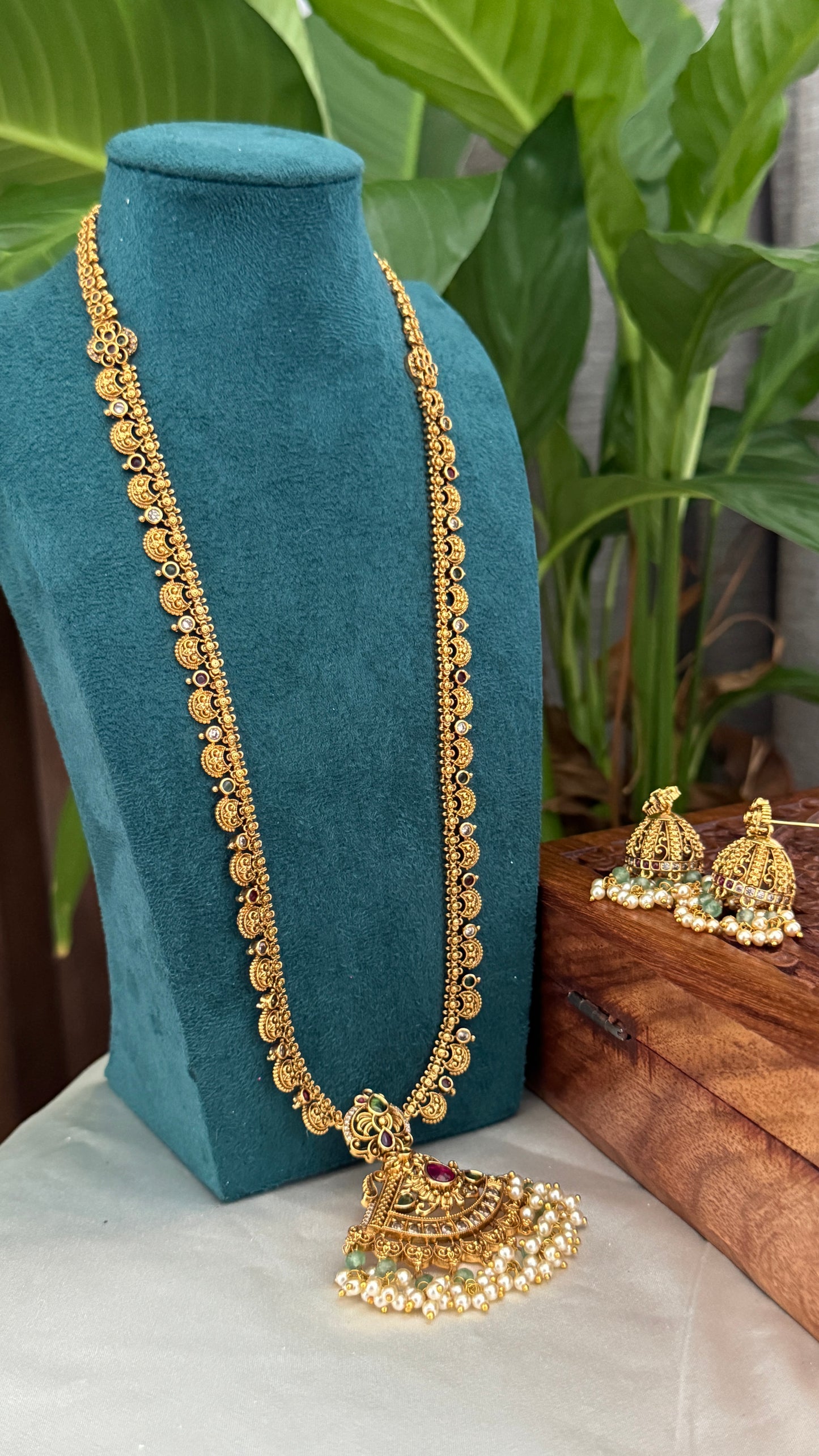 Unique Long Temple Haar Jewellery Set with Jhumkas