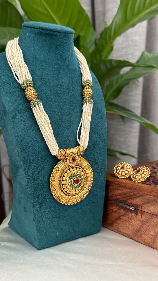 Gold Plated White Beaded Temple jewellery Set