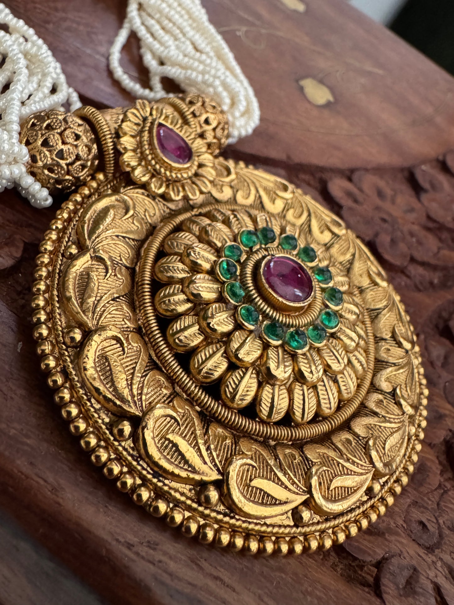 Gold Plated White Beaded Temple jewellery Set