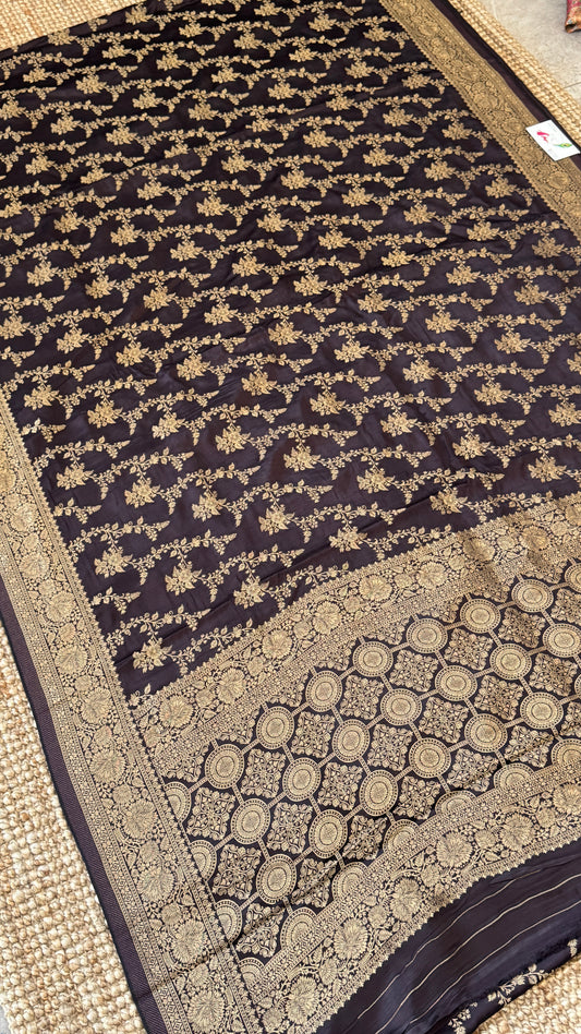 Pure Mashru Silk Banarasi Saree With Jaal Banarasi Weave - Coffee Brown