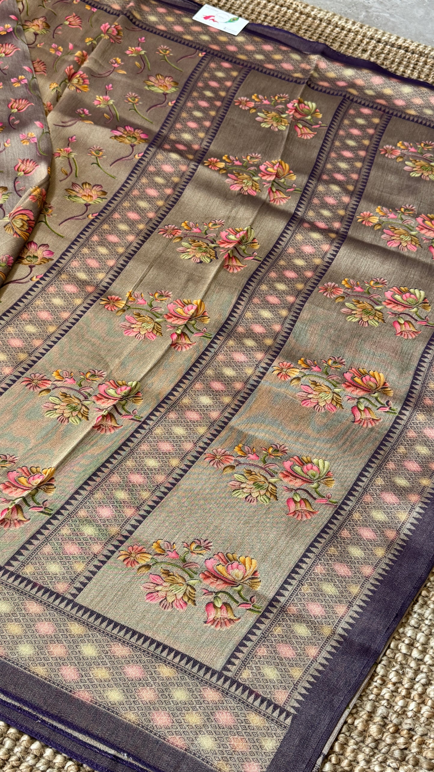 Exclusive - A Soft Tissue Banarasi Handwoven Sarees with floral prints - Gold & Lavender