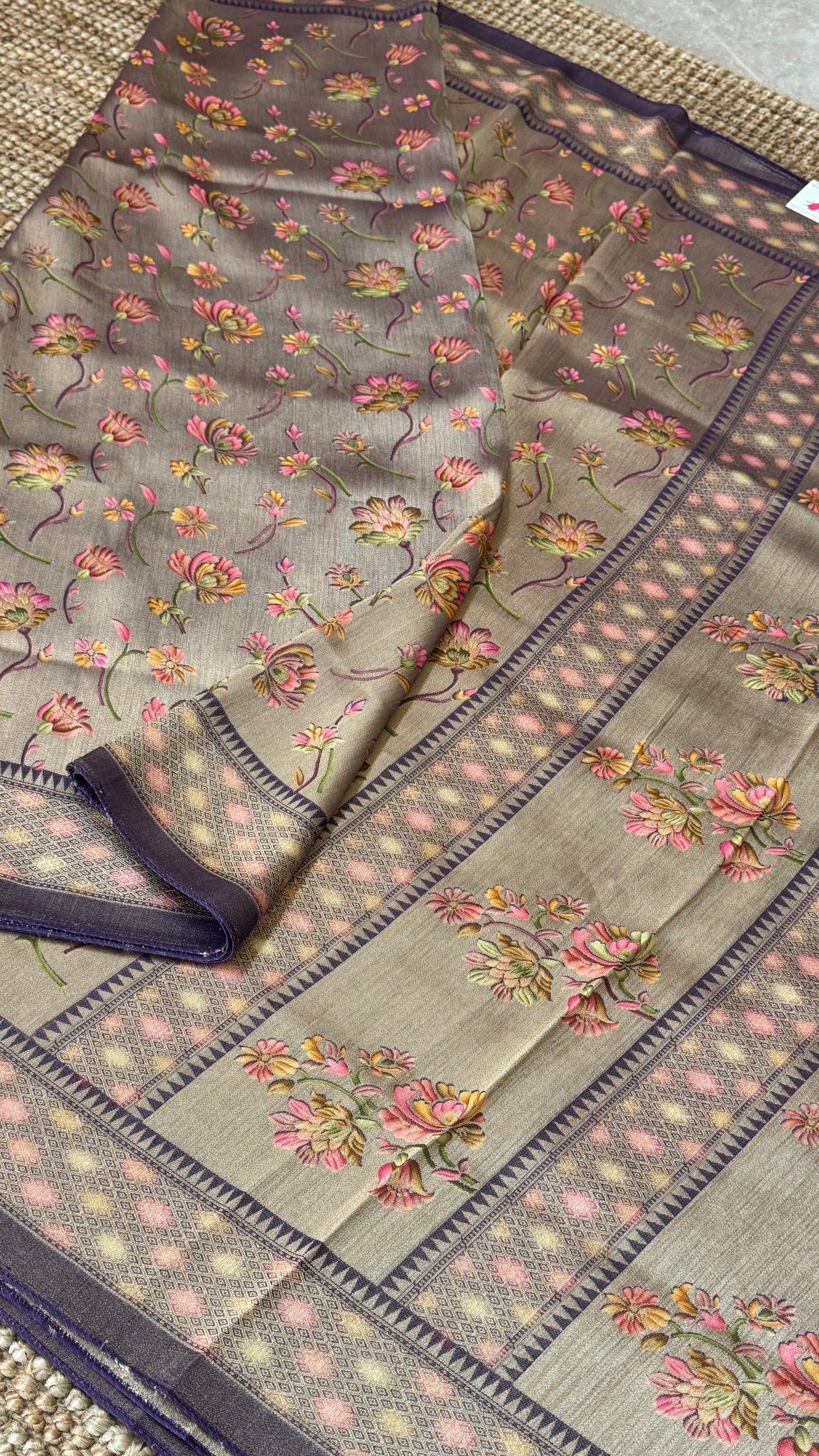 Exclusive - A Soft Tissue Banarasi Handwoven Sarees with floral prints - Gold & Lavender