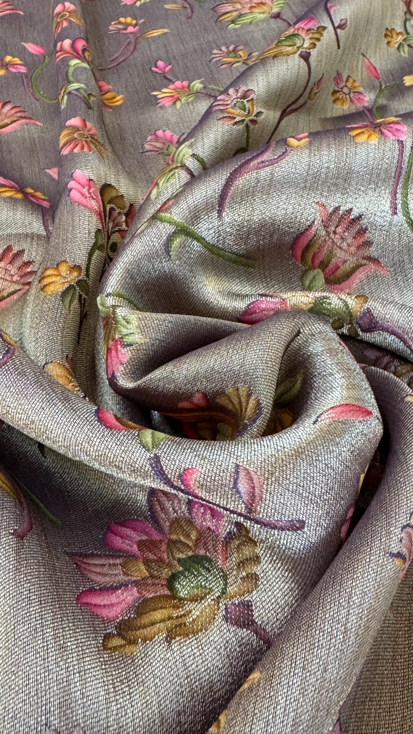 Exclusive - A Soft Tissue Banarasi Handwoven Sarees with floral prints - Gold & Lavender