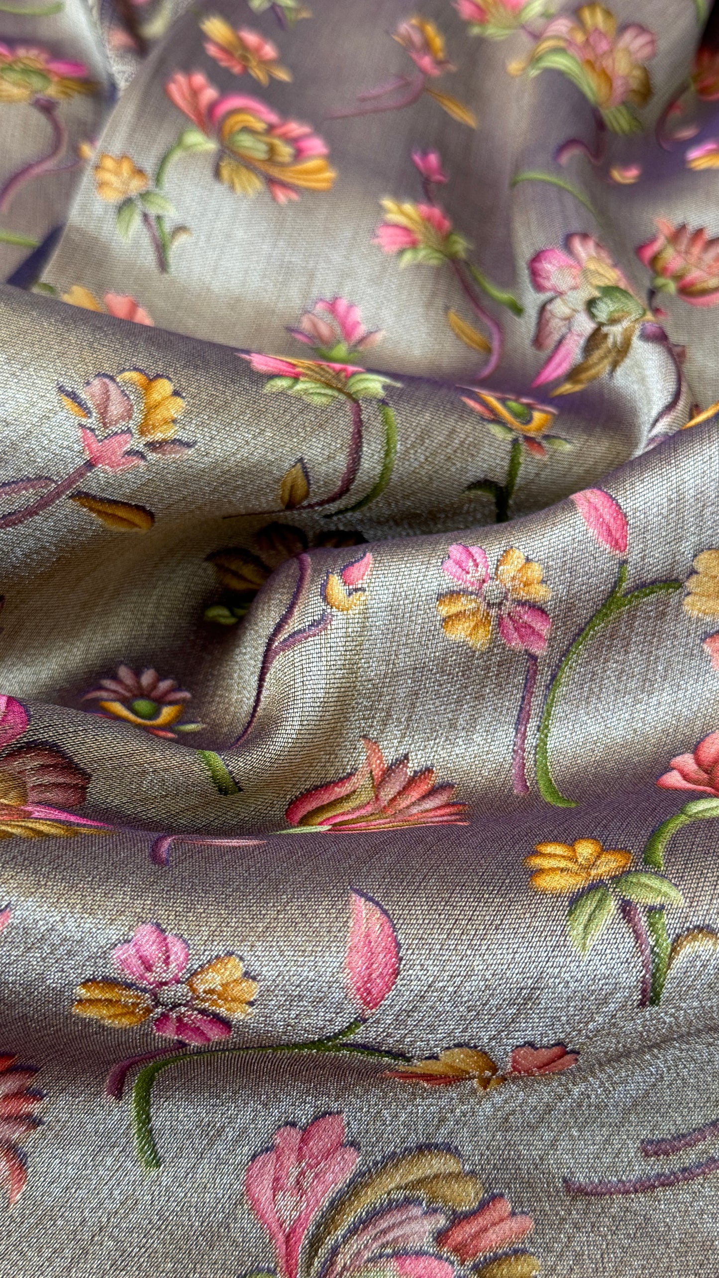 Exclusive - A Soft Tissue Banarasi Handwoven Sarees with floral prints - Gold & Lavender