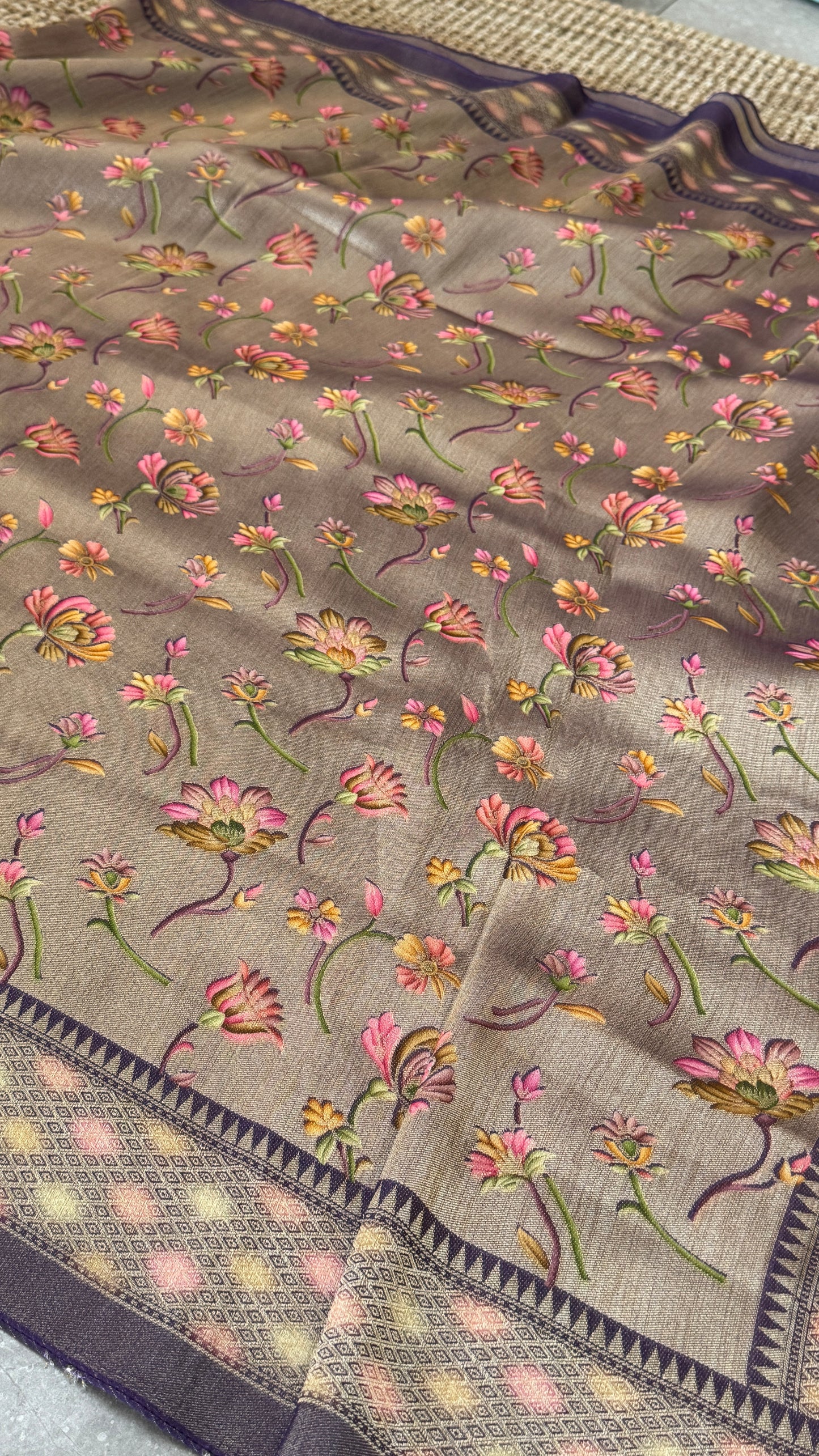 Exclusive - A Soft Tissue Banarasi Handwoven Sarees with floral prints - Gold & Lavender
