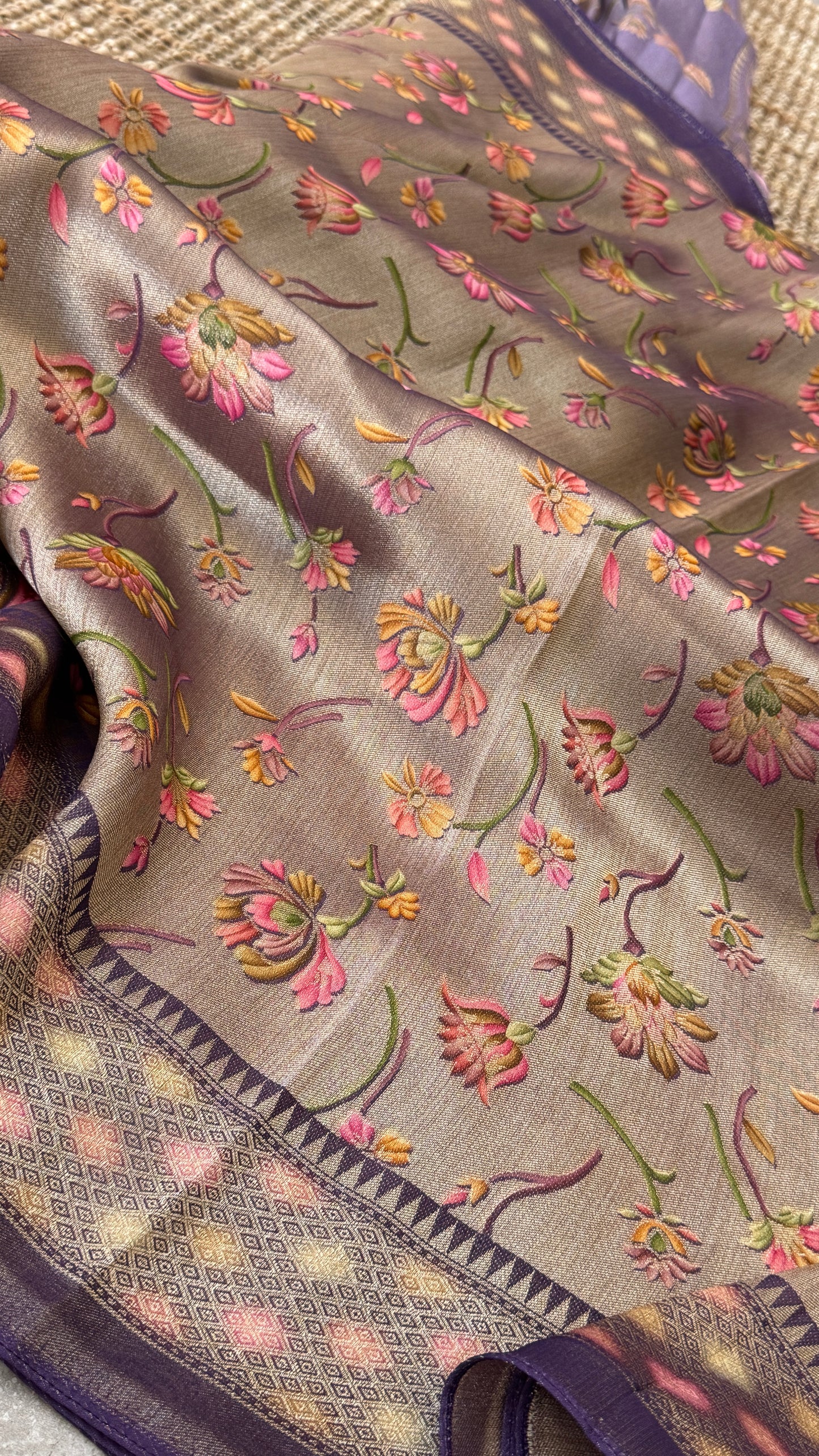 Exclusive - A Soft Tissue Banarasi Handwoven Sarees with floral prints - Gold & Lavender