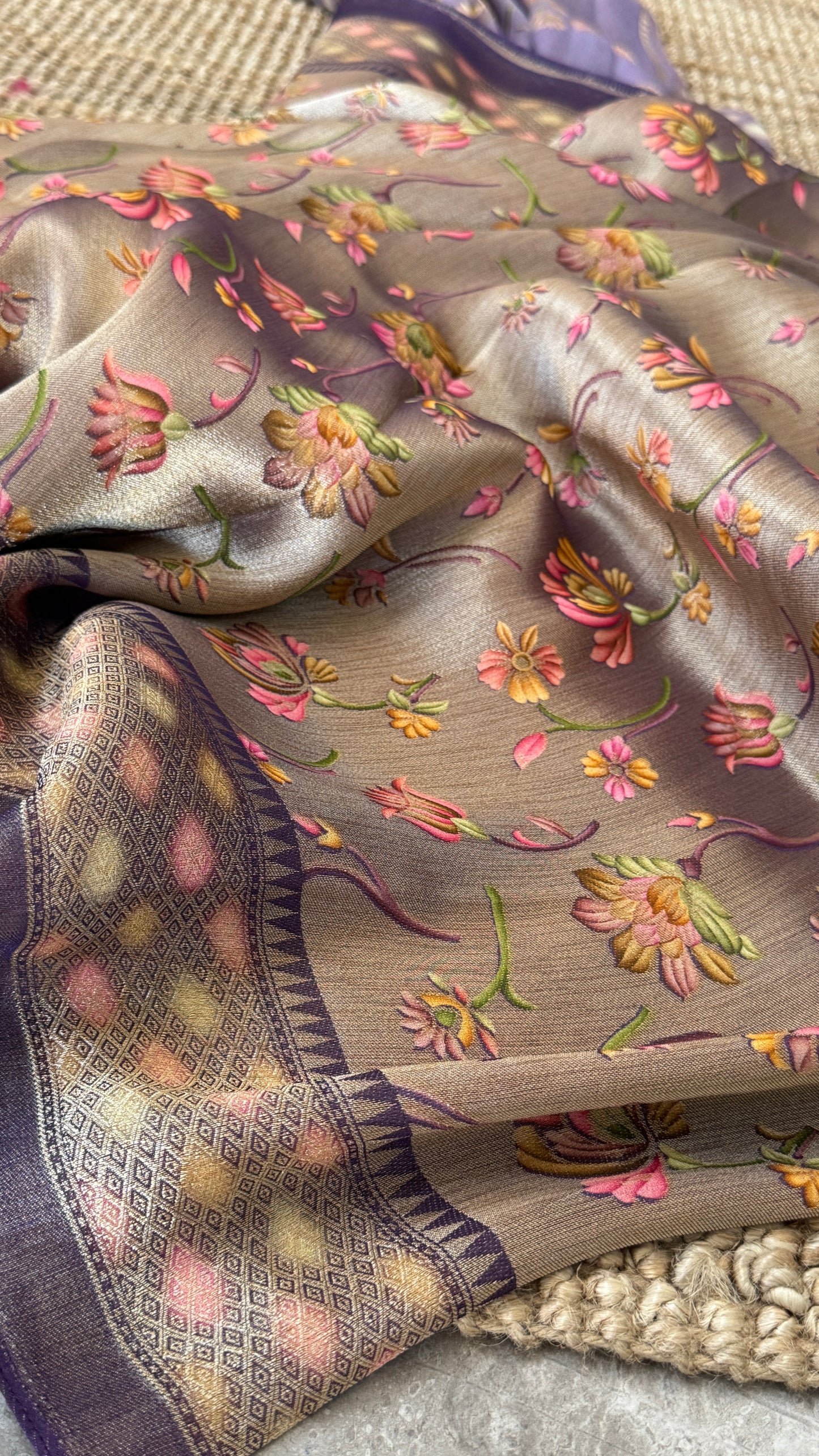 Exclusive - A Soft Tissue Banarasi Handwoven Sarees with floral prints - Gold & Lavender