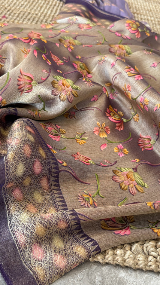 Exclusive - A Soft Tissue Banarasi Handwoven Sarees with floral prints - Gold & Lavender