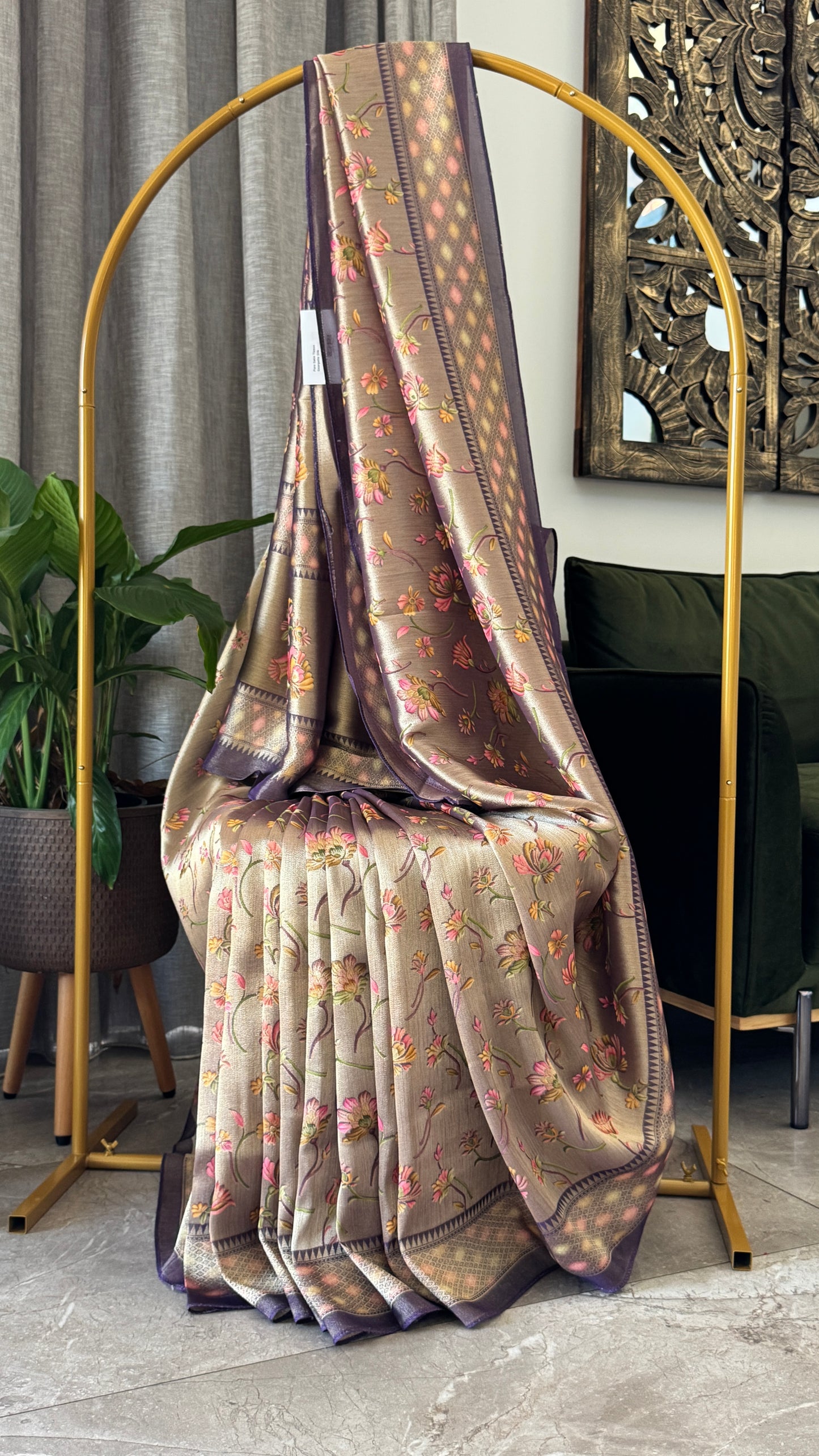 Exclusive - A Soft Tissue Banarasi Handwoven Sarees with floral prints - Gold & Lavender