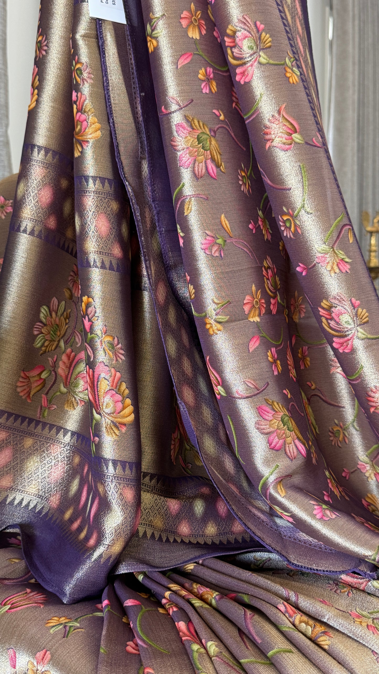 Exclusive - A Soft Tissue Banarasi Handwoven Sarees with floral prints - Gold & Lavender