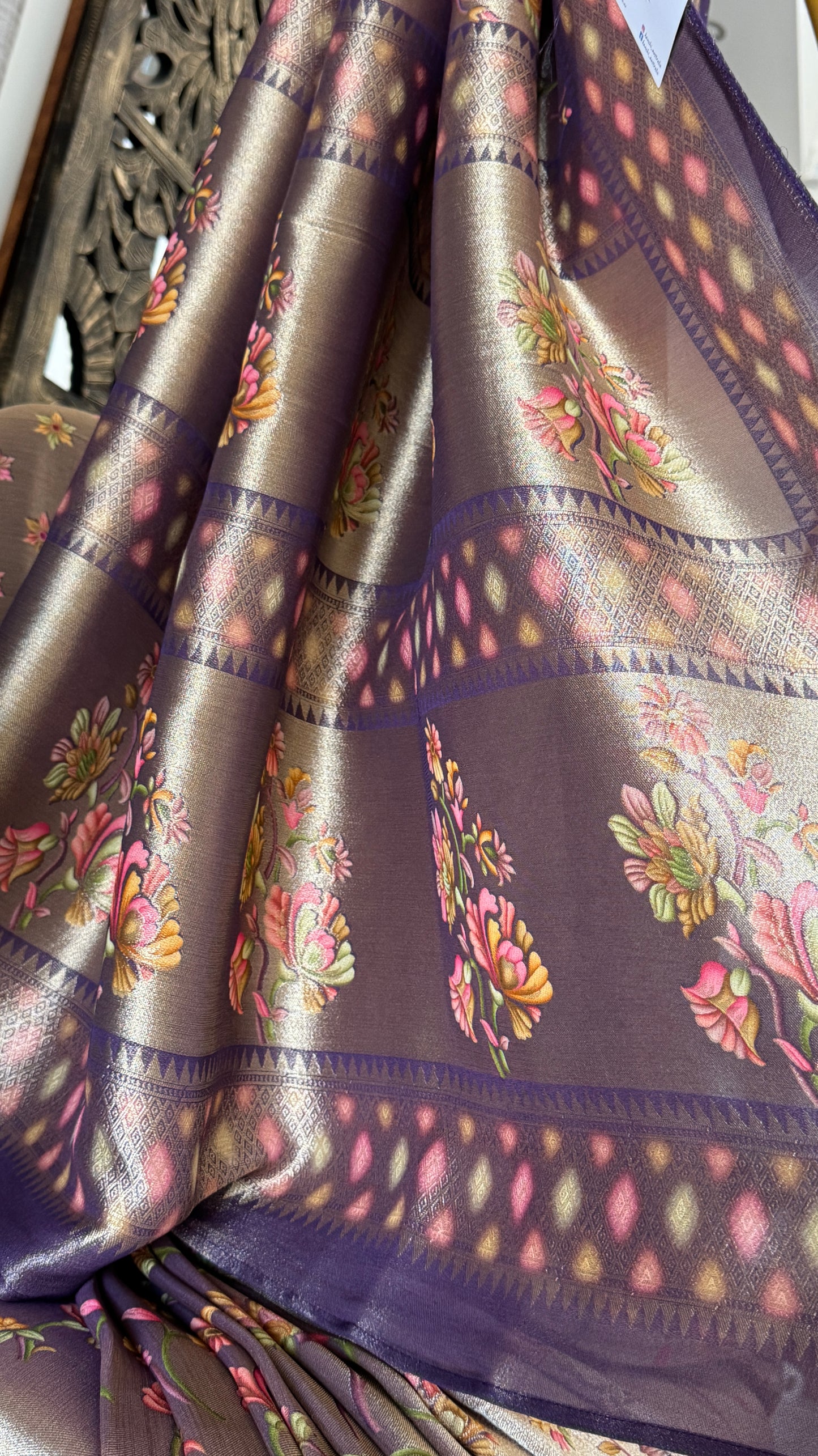 Exclusive - A Soft Tissue Banarasi Handwoven Sarees with floral prints - Gold & Lavender