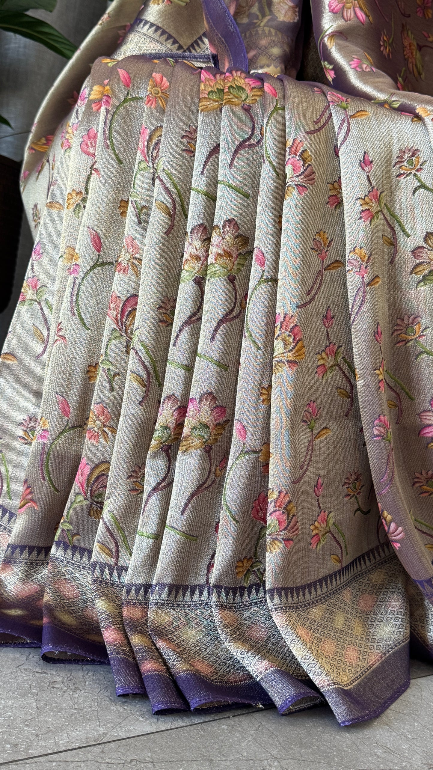Exclusive - A Soft Tissue Banarasi Handwoven Sarees with floral prints - Gold & Lavender