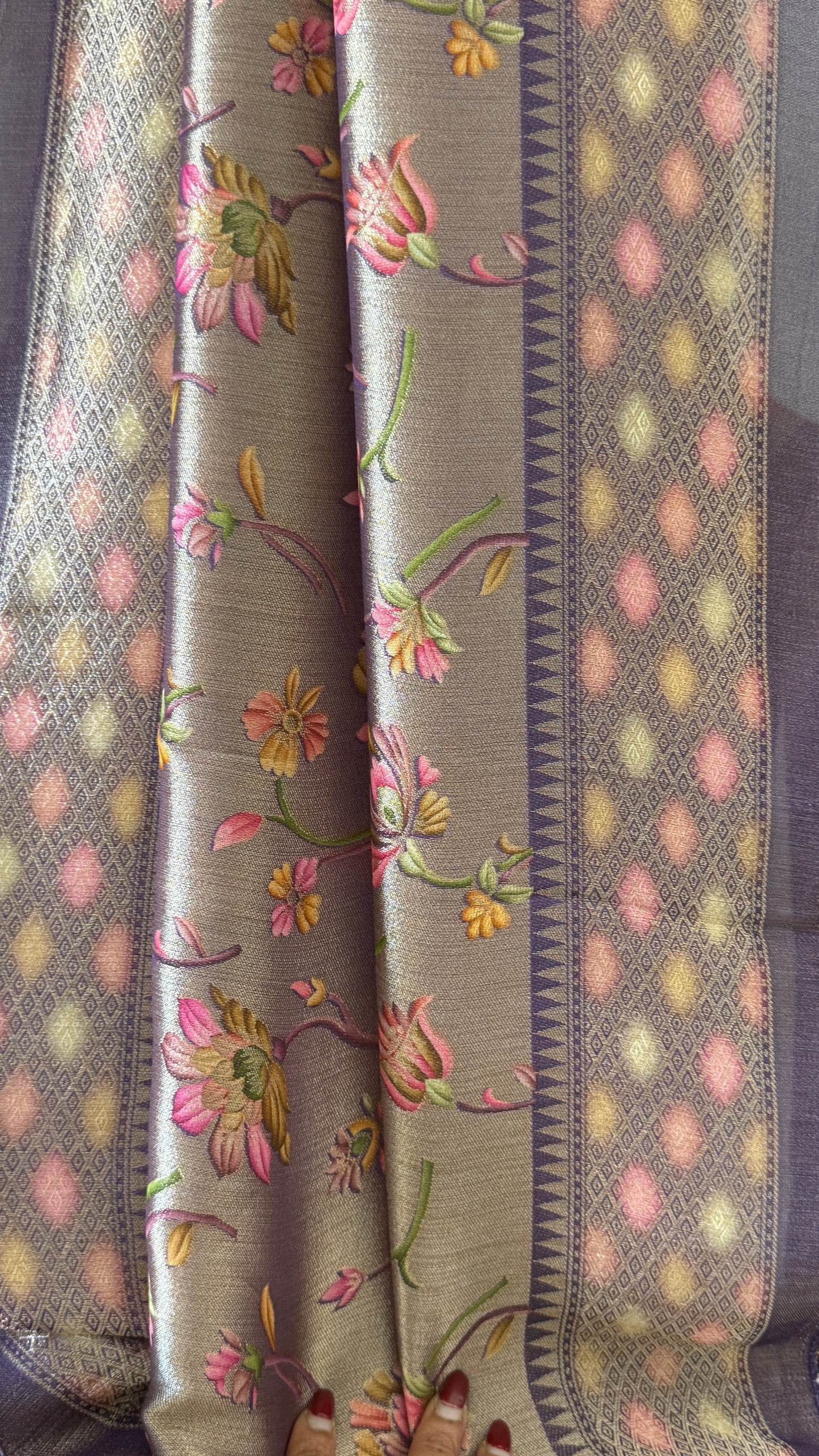 Exclusive - A Soft Tissue Banarasi Handwoven Sarees with floral prints - Gold & Lavender