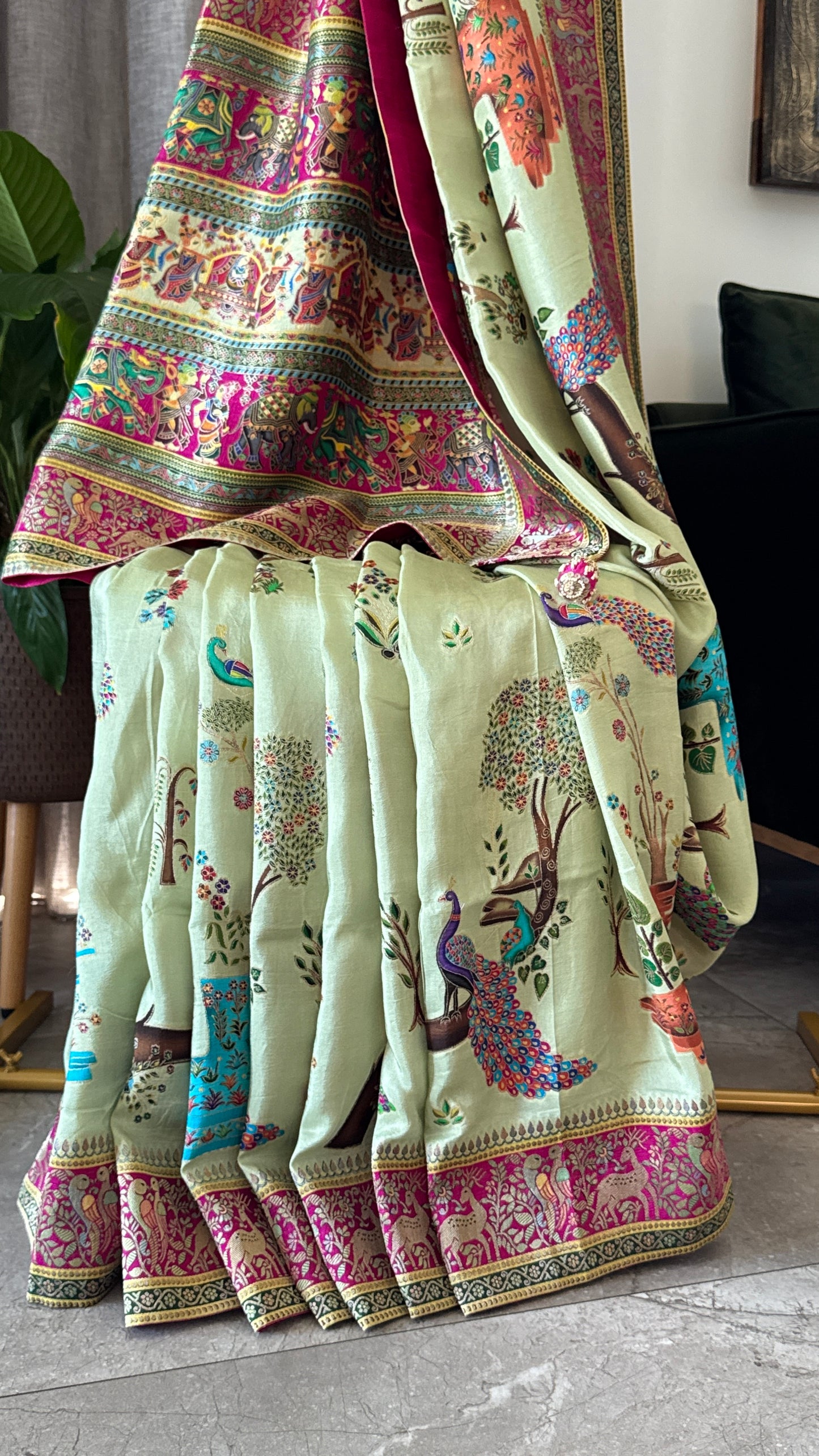 A Kashmiri Pashmina Banarasi Handwoven Storytelling Sarees on Munga Silk - Baby Green