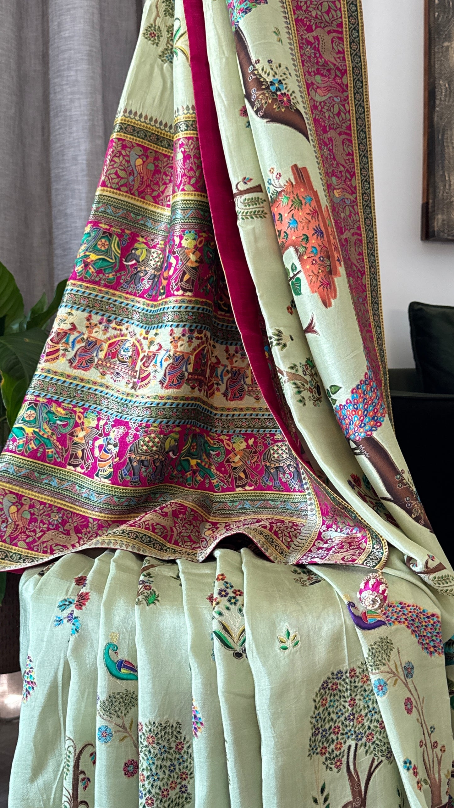 A Kashmiri Pashmina Banarasi Handwoven Storytelling Sarees on Munga Silk - Baby Green